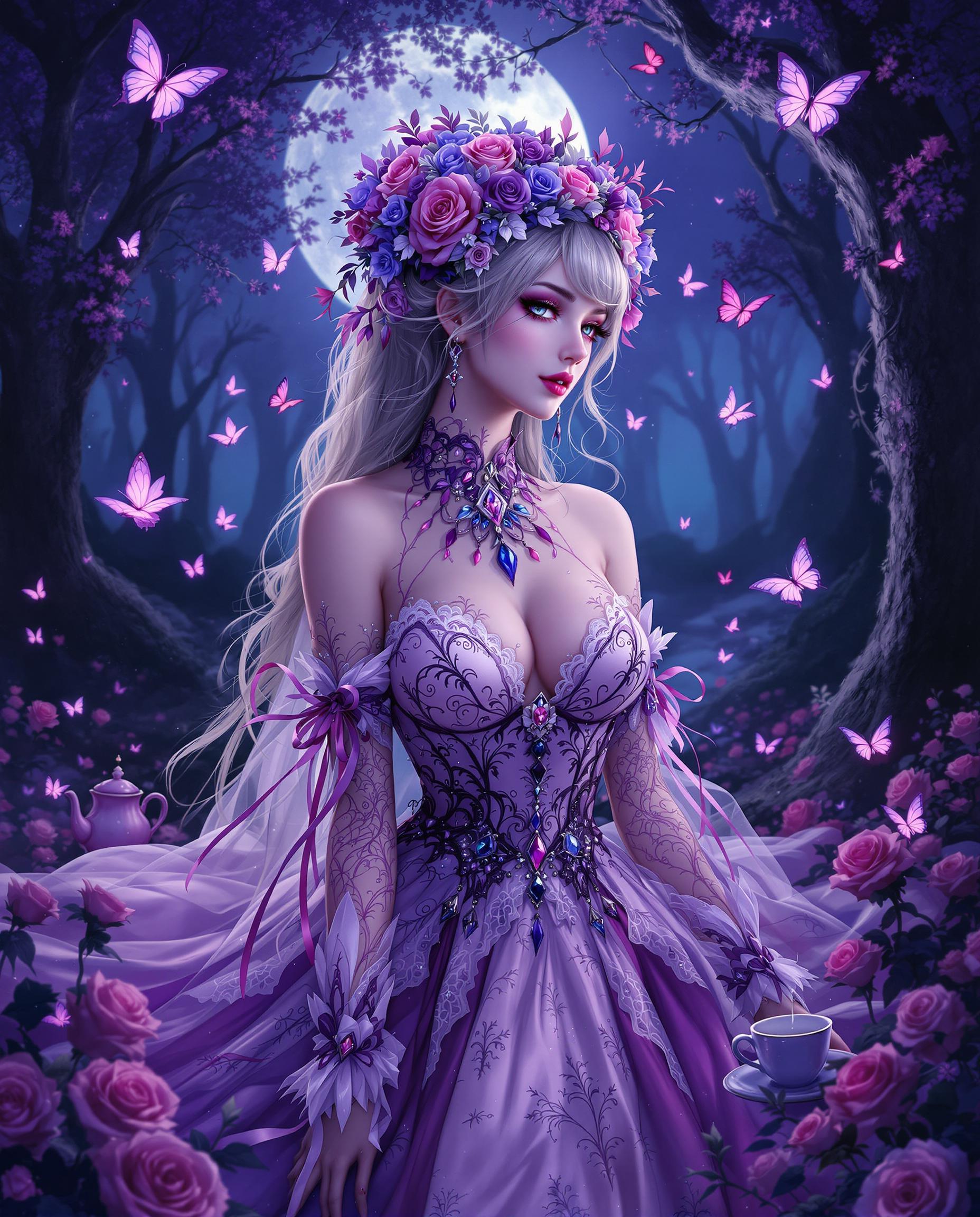 A stunning high-resolution digital painting of a female character in a gothic bridal outfit, exuding a romantic and mystical atmosphere in a dark, enchanted forest at twilight. She is adorned with intricate lace, roses, and butterflies in gradients of purples, pinks, and blues, enhanced by detailed beadwork, crystals, and ribbons, while vibrant butterflies flutter around her, adding movement and life. The moonlit scene, with shadowy trees, scattered roses, and a delicate teapot and cup in the background, captures a dreamy, gothic fantasy with cinematic depth and rich, vibrant colors.