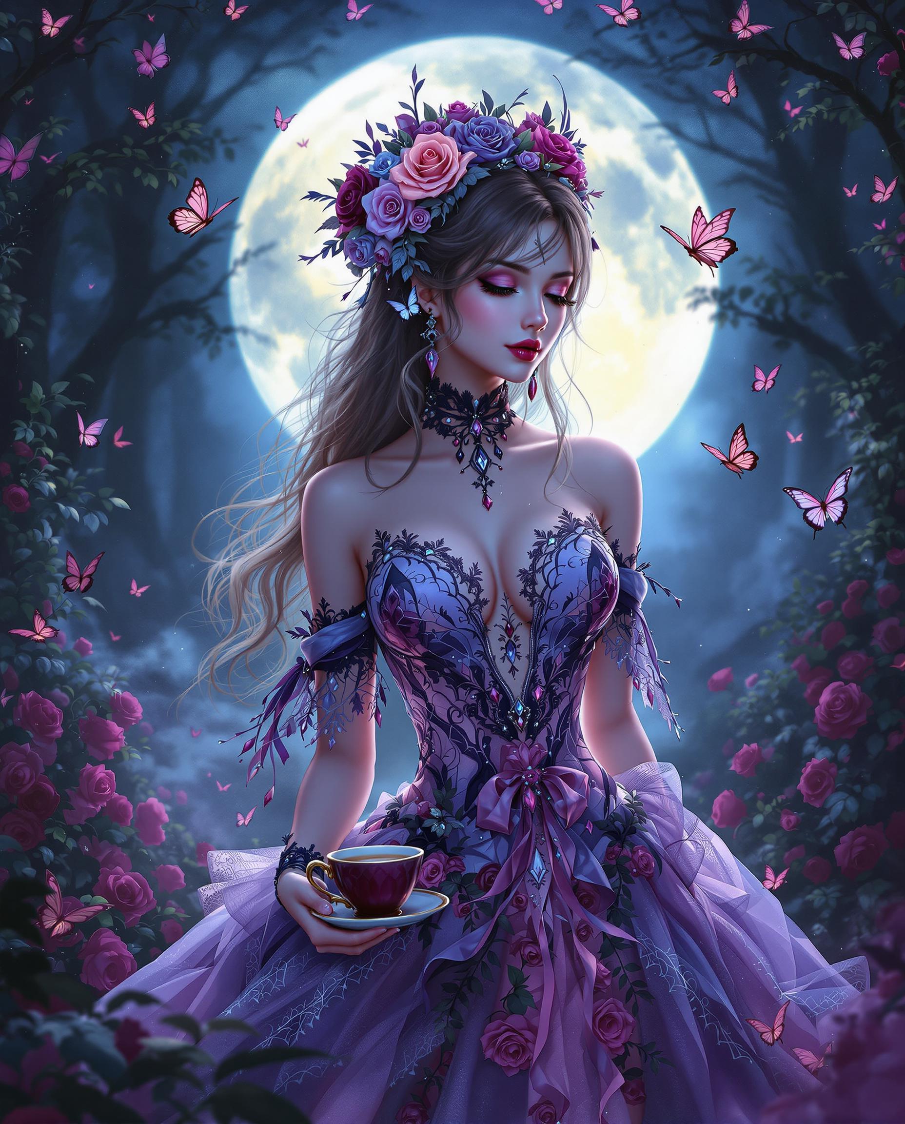 A stunning high-resolution digital painting of a female character in a gothic bridal outfit, exuding a romantic and mystical atmosphere in a dark, enchanted forest at twilight. She is adorned with intricate lace, roses, and butterflies in gradients of purples, pinks, and blues, enhanced by detailed beadwork, crystals, and ribbons, while vibrant butterflies flutter around her, adding movement and life. The moonlit scene, with shadowy trees, scattered roses, and a delicate teapot and cup in the background, captures a dreamy, gothic fantasy with cinematic depth and rich, vibrant colors.