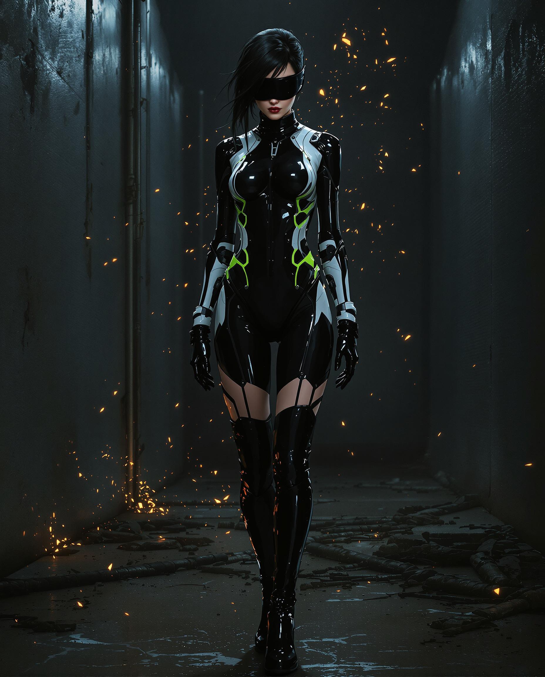 A striking photorealistic digital painting of a female character in a cyberpunk style, standing in a dimly lit, industrial environment of metallic walls and rough concrete floors. She wears a sleek, black bodysuit with white and green accents, a glossy finish reflecting moody, cinematic lighting, paired with thigh-high boots and matching gloves, all with a futuristic sheen. Her face is partially hidden by a black eye cover that covers her eyes, while sparks and embers drift through the air, enhancing the gritty, chaotic atmosphere with dramatic shadows and 8K detail.