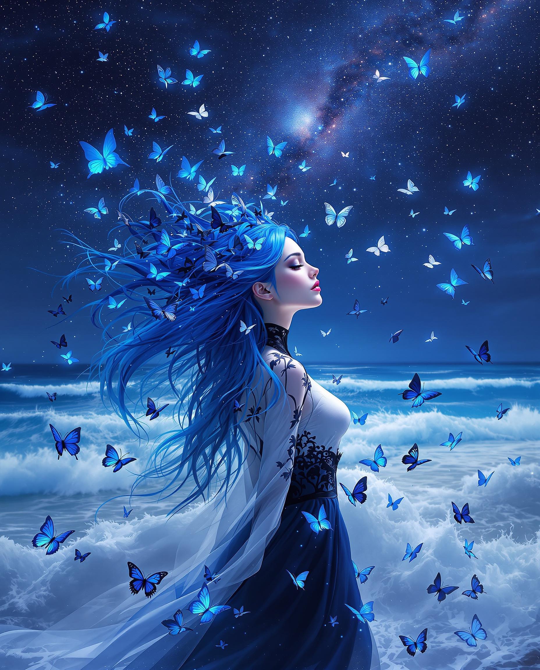 This is a realistic photo (photograph) of a female real person image that exudes a sense of fantasy and otherworldliness. The art style is reminiscent of digital painting with a high level of detail and attention to texture and light. The medium appears to be a blend of digital painting and possibly some form of 3D modeling, given the smoothness of the skin and the intricate details of the clothing.The colors in the image are predominantly cool tones, with a predominance of blues and purples. The sky is a deep, starry night, with a milky way that adds to the otherworldly feel of the scene. The characters hair is a striking shade of blue, which contrasts beautifully with the black and white of her outfit. The butterflies are a vivid blue, which stands out against the darker background.The objects in the image are numerous and varied. The central figure is a woman with long, flowing blue hair and a white and blue outfit that seems to blend with the butterflies around her. She is surrounded by a multitude of butterflies, some resting on her hair and clothing, others fluttering around her. The ocean stretches out behind her, with waves crashing against the shore. The stars in the sky are numerous and bright, and the milky way is prominent, adding to the cosmic feel of the scene.Overall, the image is a stunning blend of fantasy and reality, with a focus on the interplay between the character and her surroundings. The use of light and shadow adds depth and realism to the scene, while the butterflies and the ocean create a sense of movement and life.