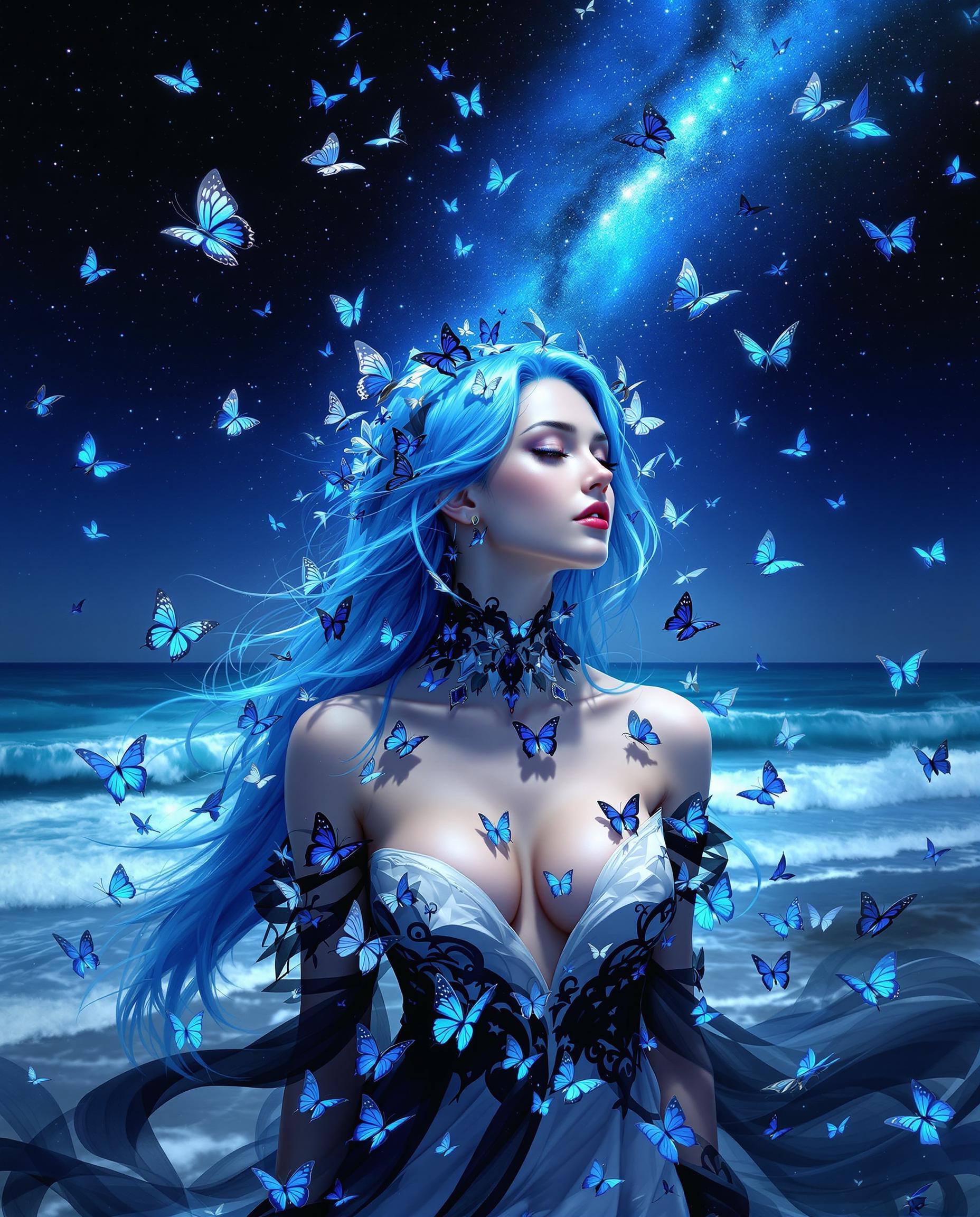 This is a realistic photo (photograph) of a female real person image that exudes a sense of fantasy and otherworldliness. The art style is reminiscent of digital painting with a high level of detail and attention to texture and light. The medium appears to be a blend of digital painting and possibly some form of 3D modeling, given the smoothness of the skin and the intricate details of the clothing.The colors in the image are predominantly cool tones, with a predominance of blues and purples. The sky is a deep, starry night, with a milky way that adds to the otherworldly feel of the scene. The characters hair is a striking shade of blue, which contrasts beautifully with the black and white of her outfit. The butterflies are a vivid blue, which stands out against the darker background.The objects in the image are numerous and varied. The central figure is a woman with long, flowing blue hair and a white and blue outfit that seems to blend with the butterflies around her. She is surrounded by a multitude of butterflies, some resting on her hair and clothing, others fluttering around her. The ocean stretches out behind her, with waves crashing against the shore. The stars in the sky are numerous and bright, and the milky way is prominent, adding to the cosmic feel of the scene.Overall, the image is a stunning blend of fantasy and reality, with a focus on the interplay between the character and her surroundings. The use of light and shadow adds depth and realism to the scene, while the butterflies and the ocean create a sense of movement and life.