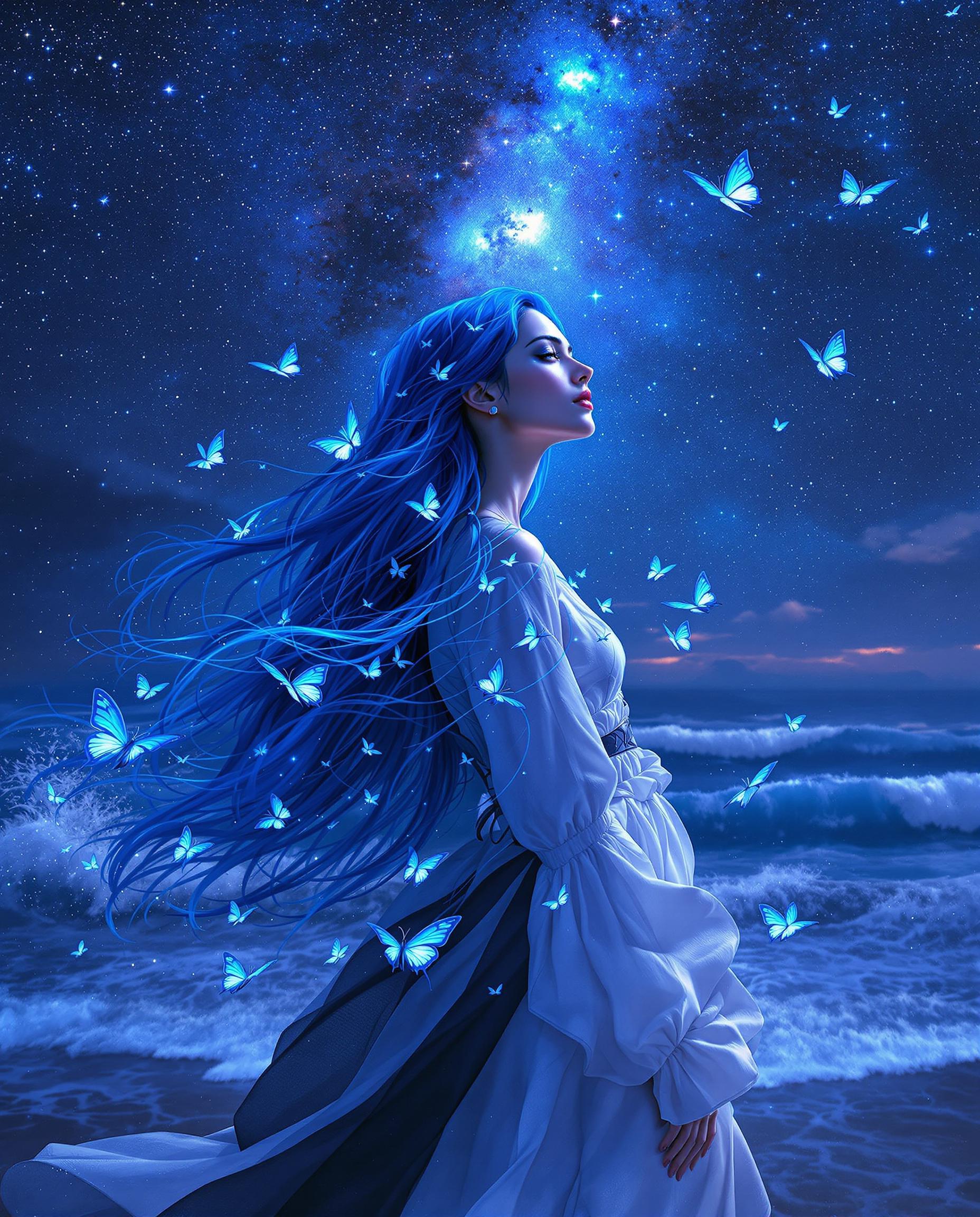 A breathtaking portrait of a woman with long, flowing blue hair, standing on a shoreline under a deep, starry night sky with a prominent Milky Way, captured in a photorealistic style blended with intricate digital painting. Her white and black outfit contrasts with vivid blue butterflies resting on her and fluttering nearby, while the cool tones of blues and purples dominate the scene, enhanced by cinematic lighting and a shallow depth of field in 8K detail. The ocean waves crash behind her, adding movement and life to this otherworldly, fantasy-infused composition.