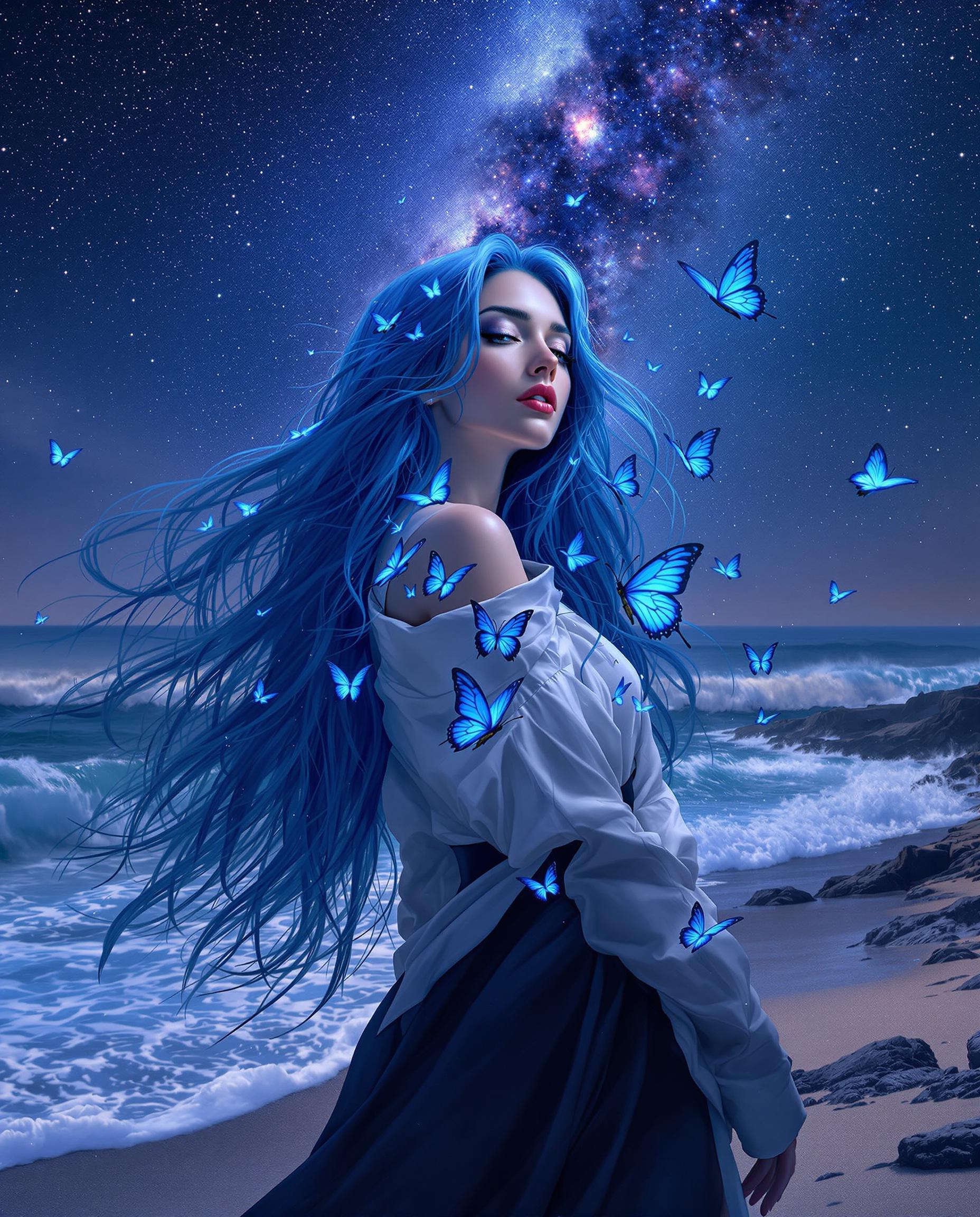 A breathtaking portrait of a woman with long, flowing blue hair, standing on a shoreline under a deep, starry night sky with a prominent Milky Way, captured in a photorealistic style blended with intricate digital painting. Her white and black outfit contrasts with vivid blue butterflies resting on her and fluttering nearby, while the cool tones of blues and purples dominate the scene, enhanced by cinematic lighting and a shallow depth of field in 8K detail. The ocean waves crash behind her, adding movement and life to this otherworldly, fantasy-infused composition.