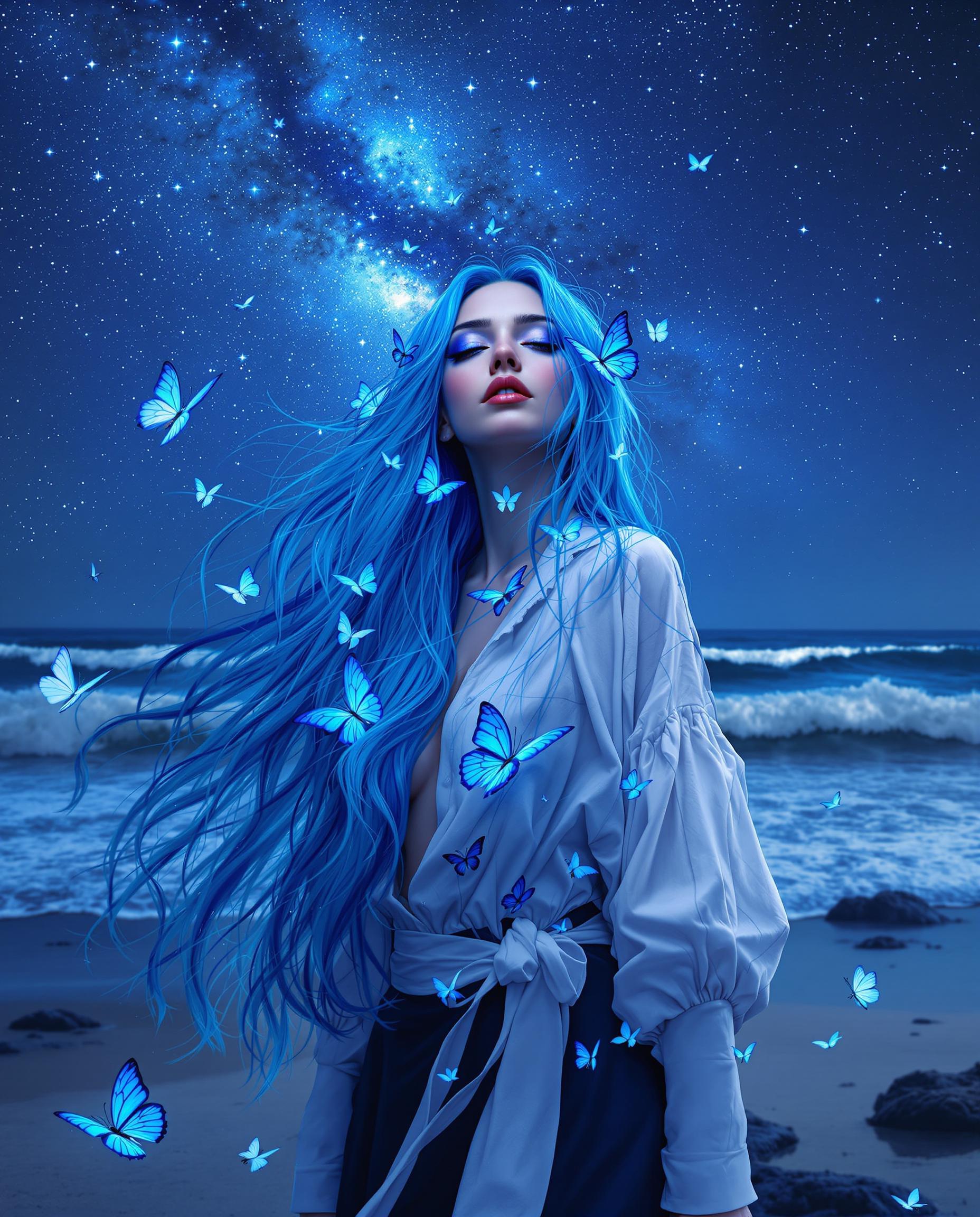 A breathtaking portrait of a woman with long, flowing blue hair, standing on a shoreline under a deep, starry night sky with a prominent Milky Way, captured in a photorealistic style blended with intricate digital painting. Her white and black outfit contrasts with vivid blue butterflies resting on her and fluttering nearby, while the cool tones of blues and purples dominate the scene, enhanced by cinematic lighting and a shallow depth of field in 8K detail. The ocean waves crash behind her, adding movement and life to this otherworldly, fantasy-infused composition.