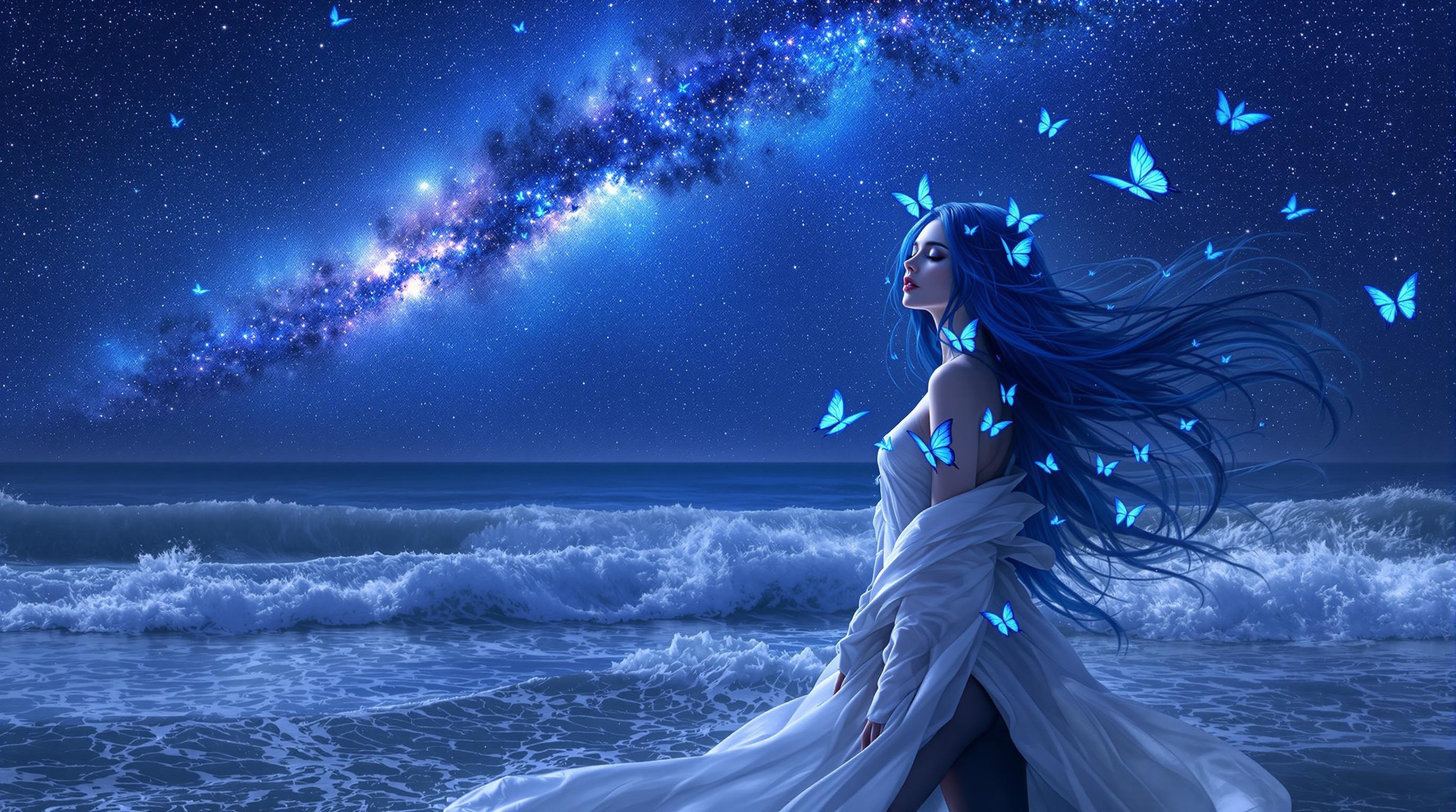 A breathtaking 8k wallpaper of a woman with long, flowing blue hair, standing on a shoreline under a deep, starry night sky with a prominent Milky Way, captured in a photorealistic style blended with intricate digital painting. Her white and black outfit contrasts with vivid blue butterflies resting on her and fluttering nearby, while the cool tones of blues and purples dominate the scene, enhanced by cinematic lighting and a shallow depth of field in 8K detail. The ocean waves crash behind her, adding movement and life to this otherworldly, fantasy-infused composition.