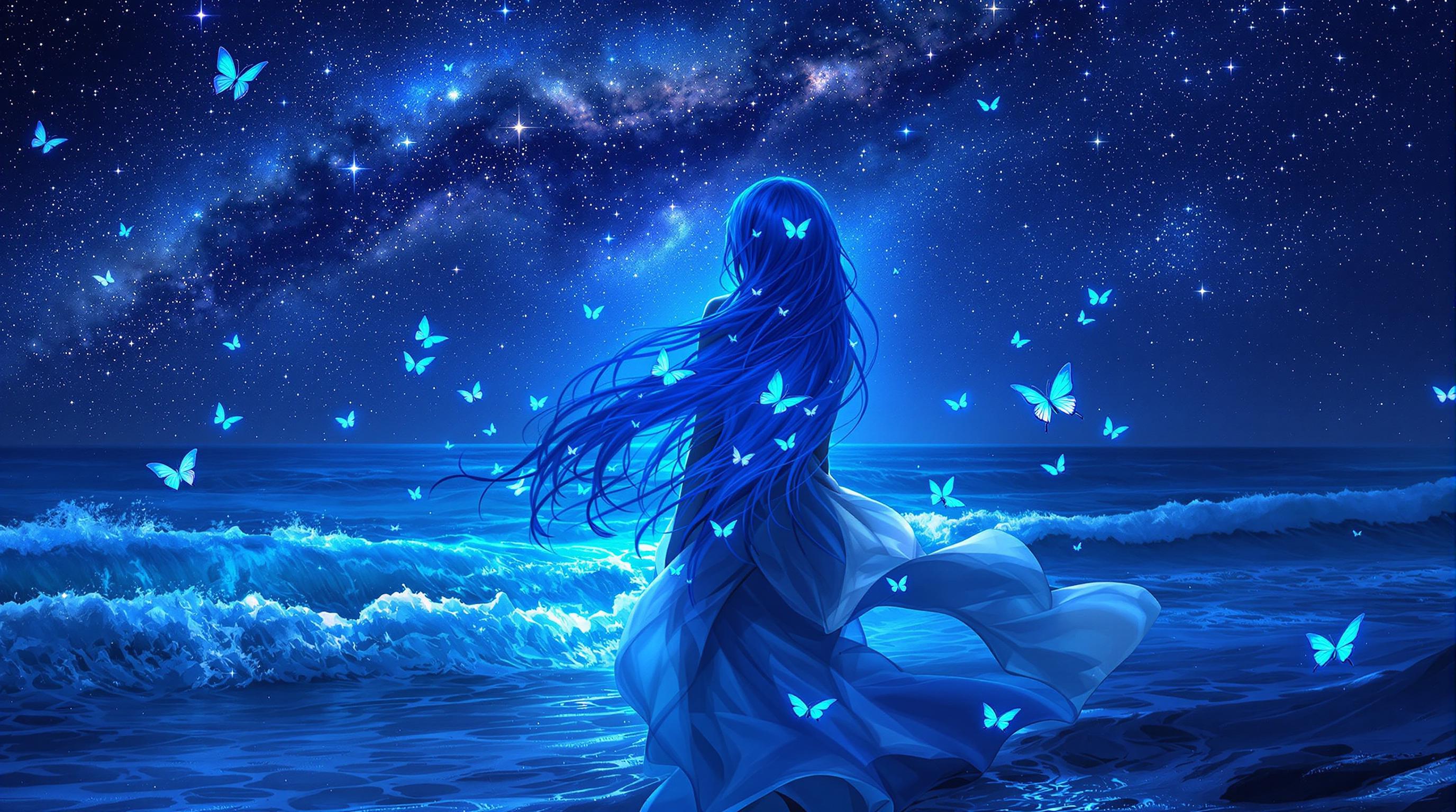 A breathtaking 8k wallpaper of a woman with long, flowing blue hair, standing on a shoreline under a deep, starry night sky with a prominent Milky Way, captured in a photorealistic style blended with intricate digital painting. Her white and black outfit contrasts with vivid blue butterflies resting on her and fluttering nearby, while the cool tones of blues and purples dominate the scene, enhanced by cinematic lighting and a shallow depth of field in 8K detail. The ocean waves crash behind her, adding movement and life to this otherworldly, fantasy-infused composition.
