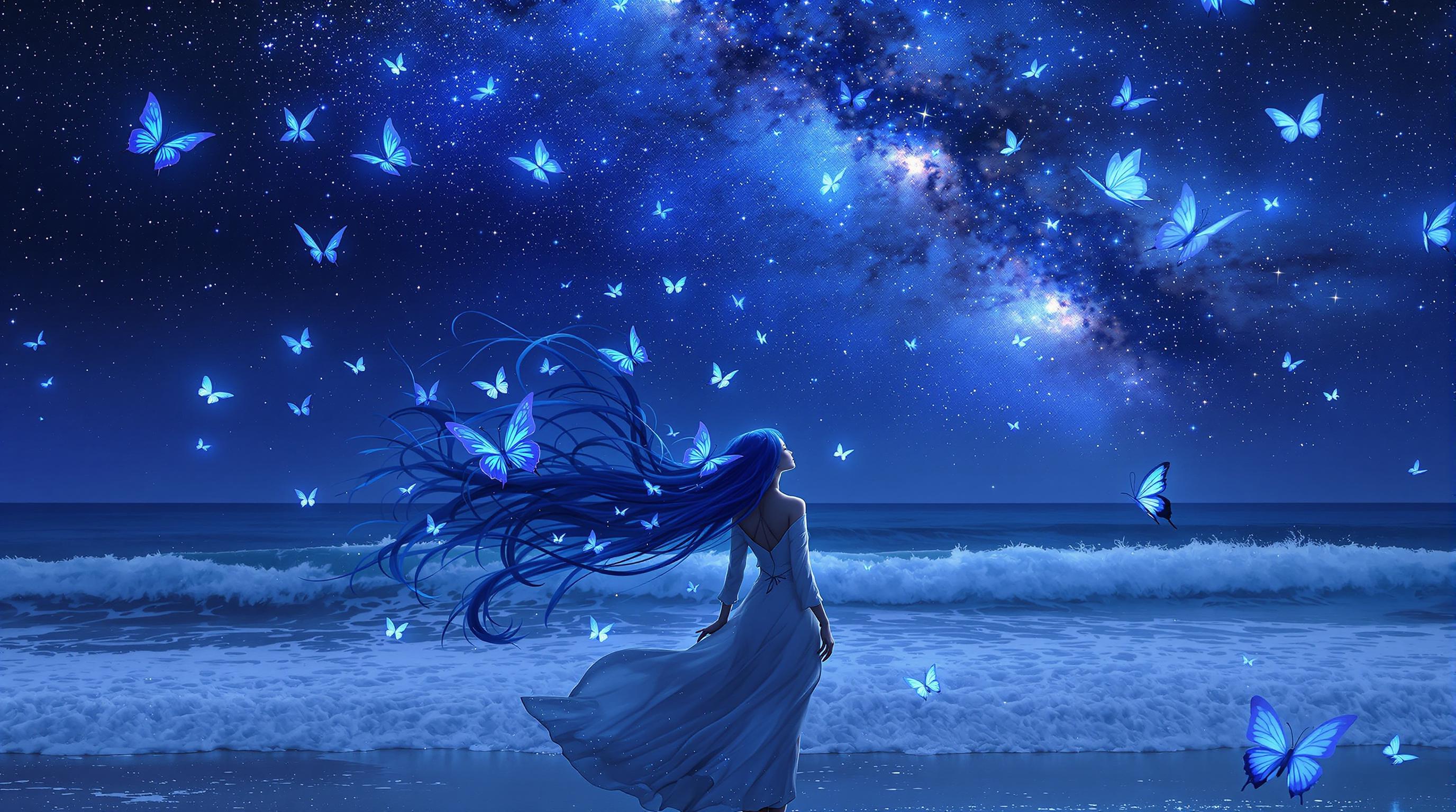 A breathtaking 8k wallpaper of a woman with long, flowing blue hair, standing on a shoreline under a deep, starry night sky with a prominent Milky Way, captured in a photorealistic style blended with intricate digital painting. Her white and black outfit contrasts with vivid blue butterflies resting on her and fluttering nearby, while the cool tones of blues and purples dominate the scene, enhanced by cinematic lighting and a shallow depth of field in 8K detail. The ocean waves crash behind her, adding movement and life to this otherworldly, fantasy-infused composition.