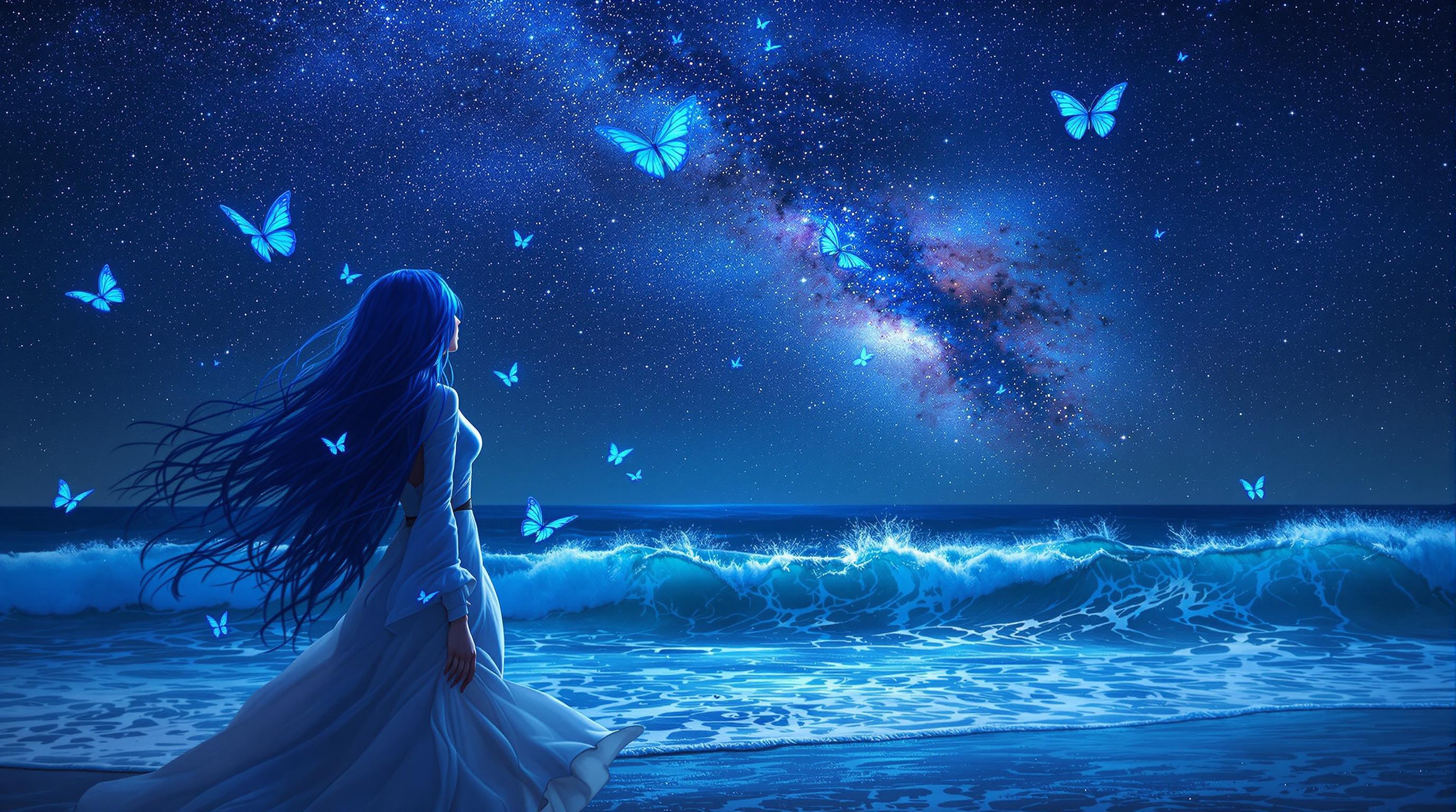 A breathtaking 8k wallpaper of a woman with long, flowing blue hair, standing on a shoreline under a deep, starry night sky with a prominent Milky Way, captured in a photorealistic style blended with intricate digital painting. Her white and black outfit contrasts with vivid blue butterflies resting on her and fluttering nearby, while the cool tones of blues and purples dominate the scene, enhanced by cinematic lighting and a shallow depth of field in 8K detail. The ocean waves crash behind her, adding movement and life to this otherworldly, fantasy-infused composition.