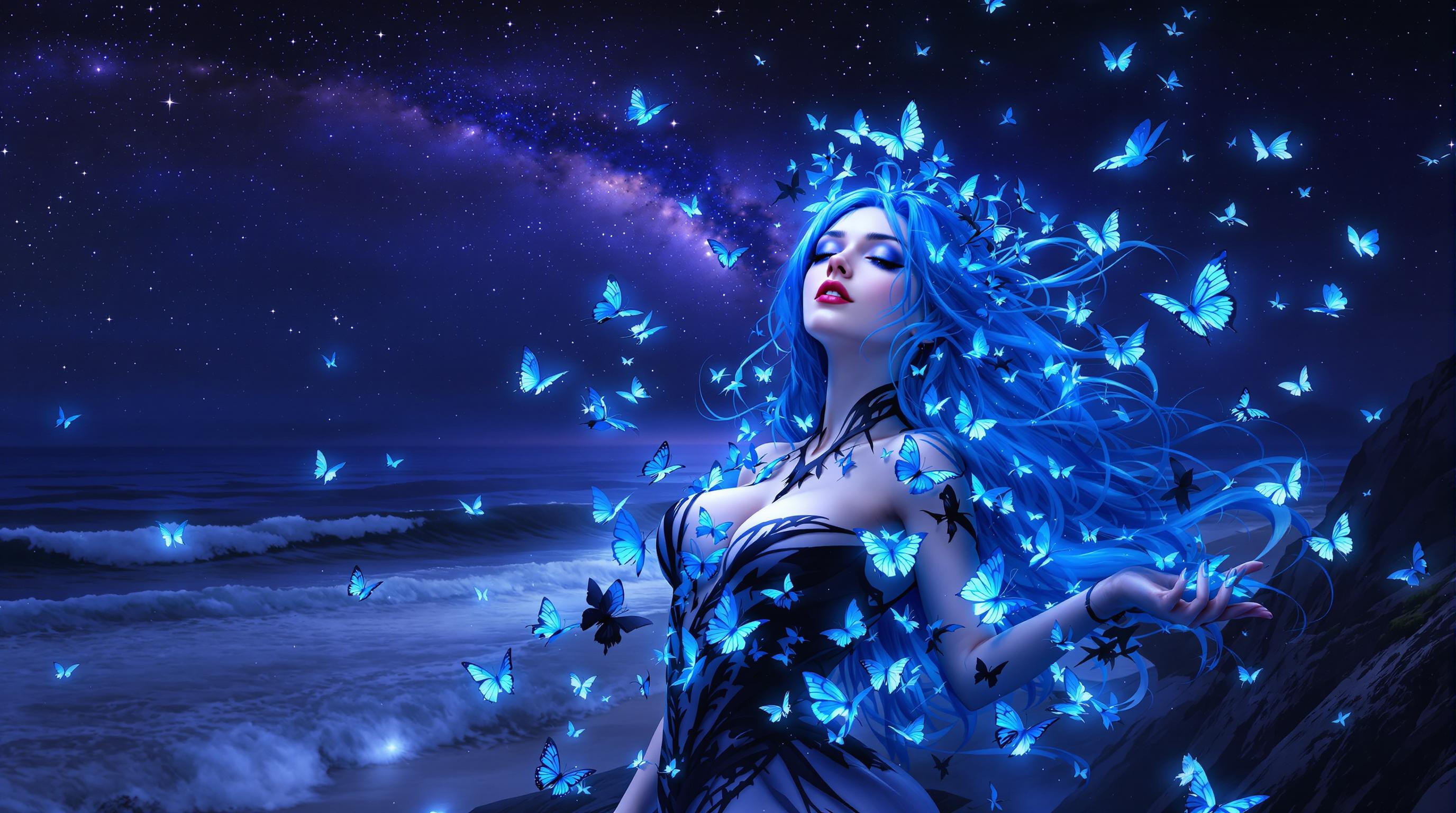 This is a realistic photo (photograph) of a female real person image that exudes a sense of fantasy and otherworldliness. The art style is reminiscent of digital painting with a high level of detail and attention to texture and light. The medium appears to be a blend of digital painting and possibly some form of 3D modeling, given the smoothness of the skin and the intricate details of the clothing.The colors in the image are predominantly cool tones, with a predominance of blues and purples. The sky is a deep, starry night, with a milky way that adds to the otherworldly feel of the scene. The characters hair is a striking shade of blue, which contrasts beautifully with the black and white of her outfit. The butterflies are a vivid blue, which stands out against the darker background.The objects in the image are numerous and varied. The central figure is a woman with long, flowing blue hair and a white and blue outfit that seems to blend with the butterflies around her. She is surrounded by a multitude of butterflies, some resting on her hair and clothing, others fluttering around her. The ocean stretches out behind her, with waves crashing against the shore. The stars in the sky are numerous and bright, and the milky way is prominent, adding to the cosmic feel of the scene.Overall, the image is a stunning blend of fantasy and reality, with a focus on the interplay between the character and her surroundings. The use of light and shadow adds depth and realism to the scene, while the butterflies and the ocean create a sense of movement and life.