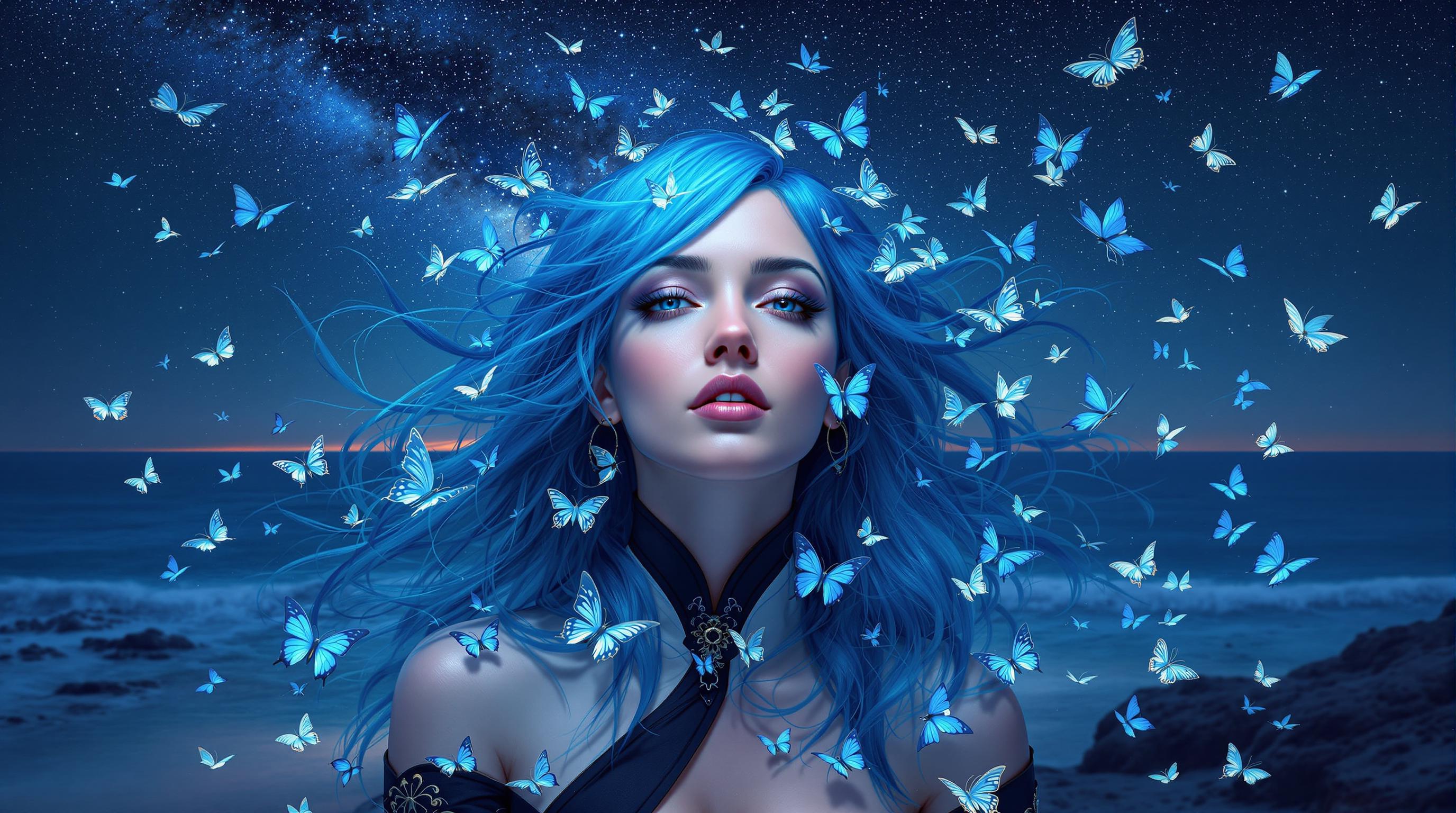 This is a realistic photo (photograph) of a female real person image that exudes a sense of fantasy and otherworldliness. The art style is reminiscent of digital painting with a high level of detail and attention to texture and light. The medium appears to be a blend of digital painting and possibly some form of 3D modeling, given the smoothness of the skin and the intricate details of the clothing.The colors in the image are predominantly cool tones, with a predominance of blues and purples. The sky is a deep, starry night, with a milky way that adds to the otherworldly feel of the scene. The characters hair is a striking shade of blue, which contrasts beautifully with the black and white of her outfit. The butterflies are a vivid blue, which stands out against the darker background.The objects in the image are numerous and varied. The central figure is a woman with long, flowing blue hair and a white and blue outfit that seems to blend with the butterflies around her. She is surrounded by a multitude of butterflies, some resting on her hair and clothing, others fluttering around her. The ocean stretches out behind her, with waves crashing against the shore. The stars in the sky are numerous and bright, and the milky way is prominent, adding to the cosmic feel of the scene.Overall, the image is a stunning blend of fantasy and reality, with a focus on the interplay between the character and her surroundings. The use of light and shadow adds depth and realism to the scene, while the butterflies and the ocean create a sense of movement and life.