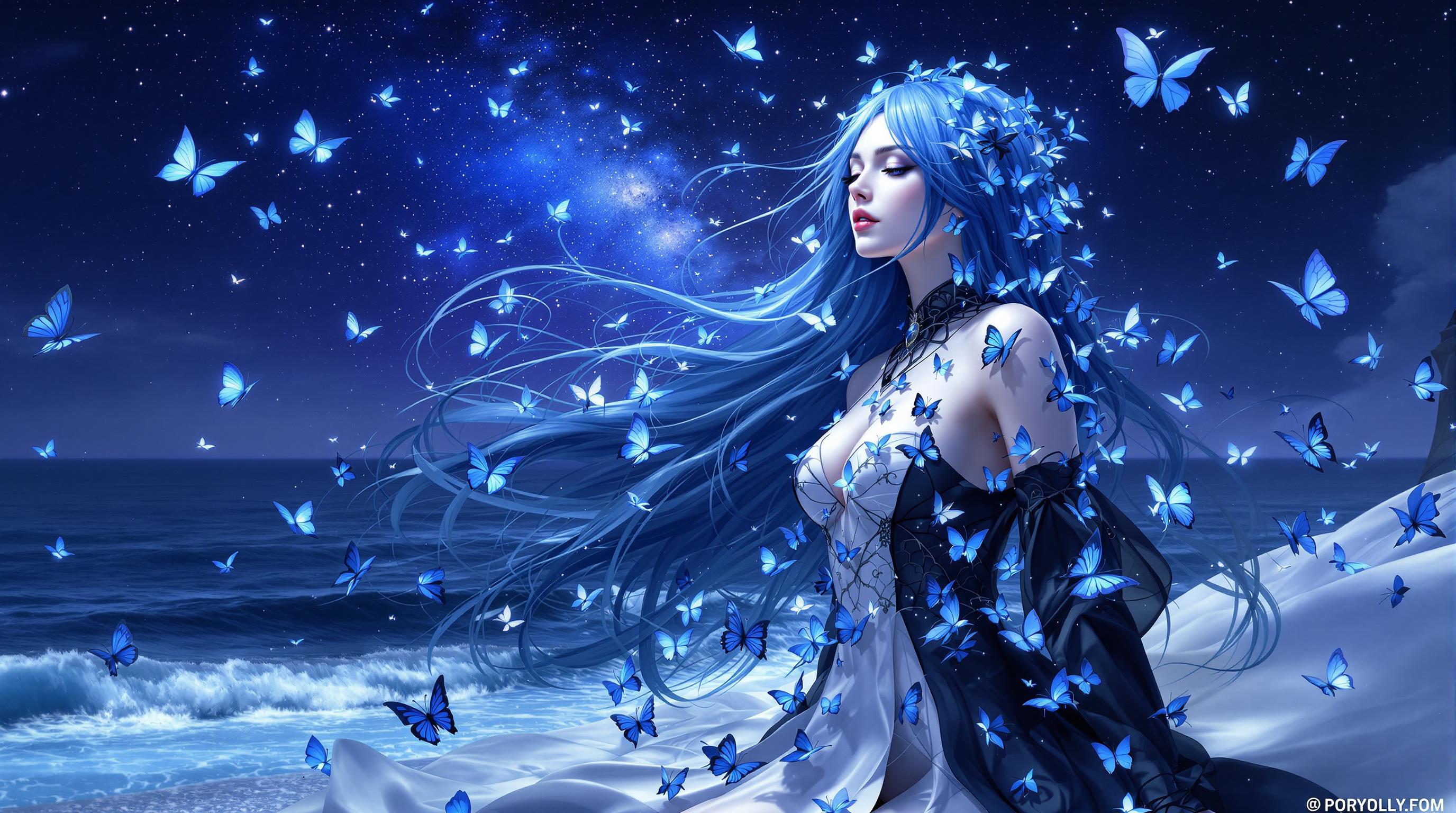 This is a realistic photo (photograph) of a female real person image that exudes a sense of fantasy and otherworldliness. The art style is reminiscent of digital painting with a high level of detail and attention to texture and light. The medium appears to be a blend of digital painting and possibly some form of 3D modeling, given the smoothness of the skin and the intricate details of the clothing.The colors in the image are predominantly cool tones, with a predominance of blues and purples. The sky is a deep, starry night, with a milky way that adds to the otherworldly feel of the scene. The characters hair is a striking shade of blue, which contrasts beautifully with the black and white of her outfit. The butterflies are a vivid blue, which stands out against the darker background.The objects in the image are numerous and varied. The central figure is a woman with long, flowing blue hair and a white and blue outfit that seems to blend with the butterflies around her. She is surrounded by a multitude of butterflies, some resting on her hair and clothing, others fluttering around her. The ocean stretches out behind her, with waves crashing against the shore. The stars in the sky are numerous and bright, and the milky way is prominent, adding to the cosmic feel of the scene.Overall, the image is a stunning blend of fantasy and reality, with a focus on the interplay between the character and her surroundings. The use of light and shadow adds depth and realism to the scene, while the butterflies and the ocean create a sense of movement and life.