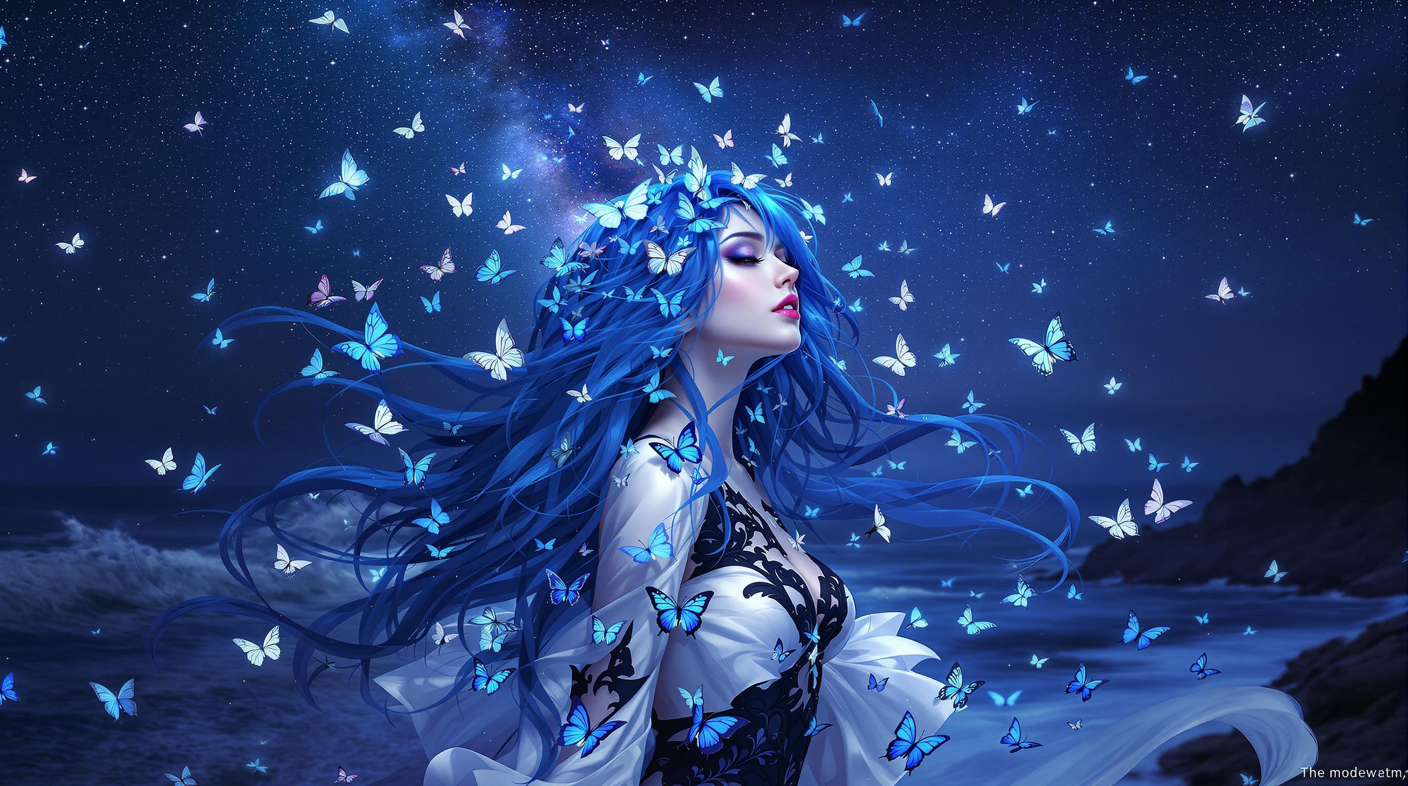 This is a realistic photo (photograph) of a female real person image that exudes a sense of fantasy and otherworldliness. The art style is reminiscent of digital painting with a high level of detail and attention to texture and light. The medium appears to be a blend of digital painting and possibly some form of 3D modeling, given the smoothness of the skin and the intricate details of the clothing.The colors in the image are predominantly cool tones, with a predominance of blues and purples. The sky is a deep, starry night, with a milky way that adds to the otherworldly feel of the scene. The characters hair is a striking shade of blue, which contrasts beautifully with the black and white of her outfit. The butterflies are a vivid blue, which stands out against the darker background.The objects in the image are numerous and varied. The central figure is a woman with long, flowing blue hair and a white and blue outfit that seems to blend with the butterflies around her. She is surrounded by a multitude of butterflies, some resting on her hair and clothing, others fluttering around her. The ocean stretches out behind her, with waves crashing against the shore. The stars in the sky are numerous and bright, and the milky way is prominent, adding to the cosmic feel of the scene.Overall, the image is a stunning blend of fantasy and reality, with a focus on the interplay between the character and her surroundings. The use of light and shadow adds depth and realism to the scene, while the butterflies and the ocean create a sense of movement and life.
