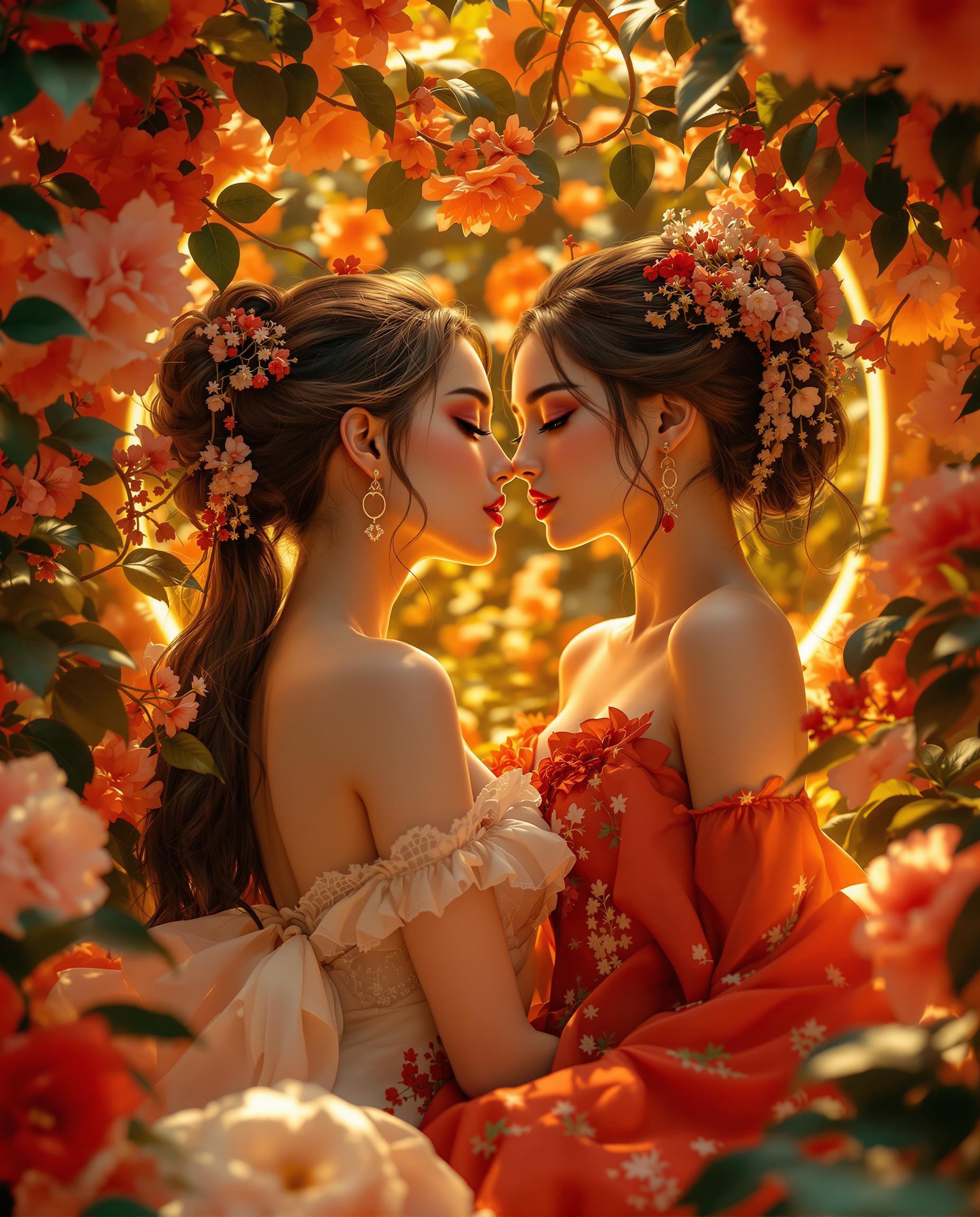 A breathtaking, photorealistic DSLR photograph captures two female figures in an intimate, relaxed pose, set against a lush backdrop of vibrant blooming flowers and verdant leaves. The composition masterfully balances symmetry and negative space, drawing the viewer's eye to the central figures while dramatic, warm golden lighting emanates from the flora, casting a mystical glow over their skin and highlighting their curves with cinematic contrast. Detailed textures, a rich red and white color palette with golden accents, and a shallow depth of field in 8K resolution evoke a sensual, otherworldly atmosphere inspired by classical Japanese aesthetics.
