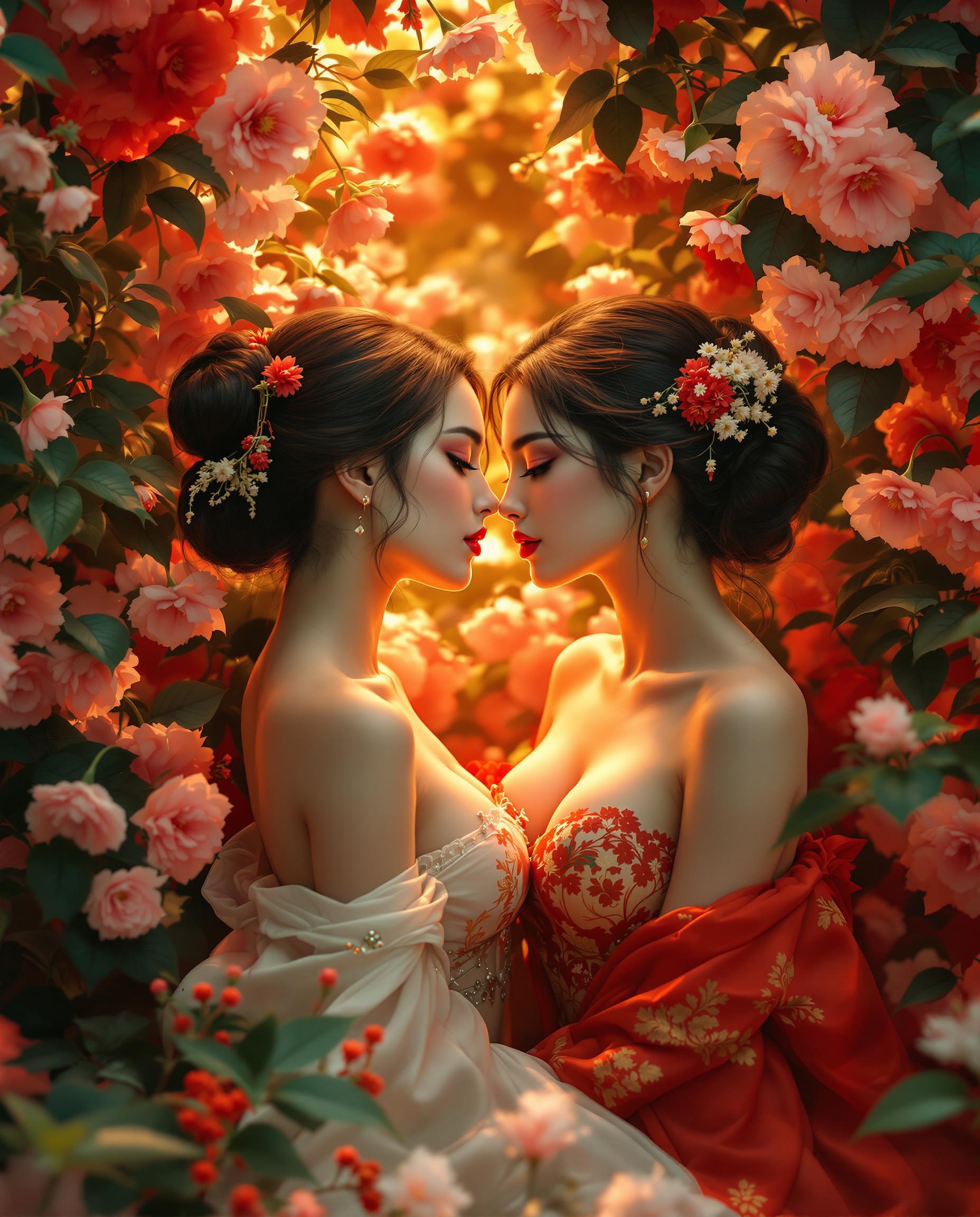 A breathtaking, photorealistic DSLR photograph captures two female figures in an intimate, relaxed pose, set against a lush backdrop of vibrant blooming flowers and verdant leaves. The composition masterfully balances symmetry and negative space, drawing the viewer's eye to the central figures while dramatic, warm golden lighting emanates from the flora, casting a mystical glow over their skin and highlighting their curves with cinematic contrast. Detailed textures, a rich red and white color palette with golden accents, and a shallow depth of field in 8K resolution evoke a sensual, otherworldly atmosphere inspired by classical Japanese aesthetics.