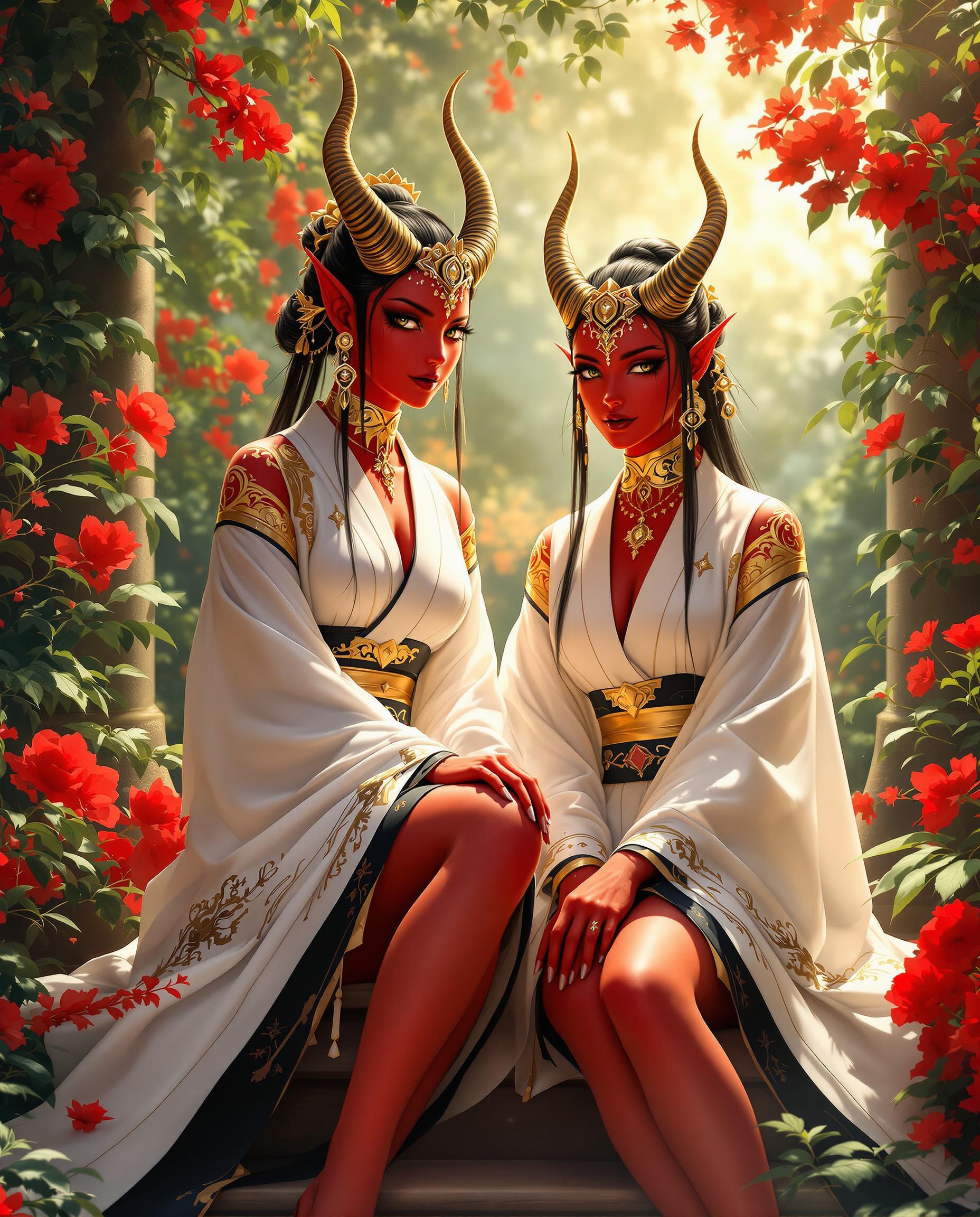 This is a stunning photorealistic digital painting of two female oni demon figures with vibrant red skin adorned with intricate golden patterns and demon horns, embodying a fantasy or mythological theme. They wear elegant white yukatas with black and gold details, seated on a raised platform amidst lush greenery and vivid red flowers, illuminated by soft, golden light that enhances the mystical atmosphere. The artwork features detailed line work, smooth shading, and a rich color palette of deep reds, vibrant greens, and warm golds, with masterful interplay of light and shadow creating a luminous, divine presence.