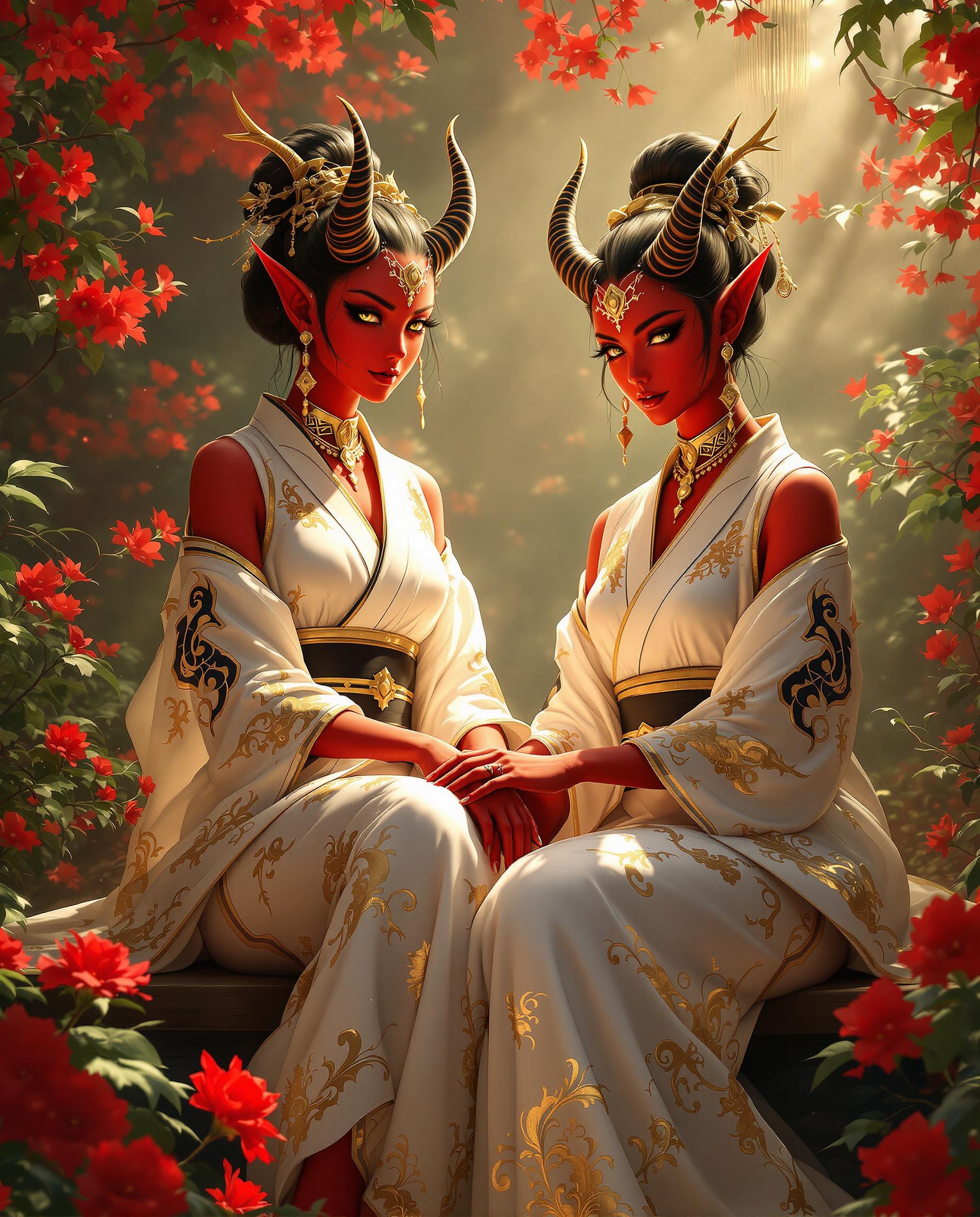 This is a stunning photorealistic digital painting of two female oni demon figures with vibrant red skin adorned with intricate golden patterns and demon horns, embodying a fantasy or mythological theme. They wear elegant white yukatas with black and gold details, seated on a raised platform amidst lush greenery and vivid red flowers, illuminated by soft, golden light that enhances the mystical atmosphere. The artwork features detailed line work, smooth shading, and a rich color palette of deep reds, vibrant greens, and warm golds, with masterful interplay of light and shadow creating a luminous, divine presence.