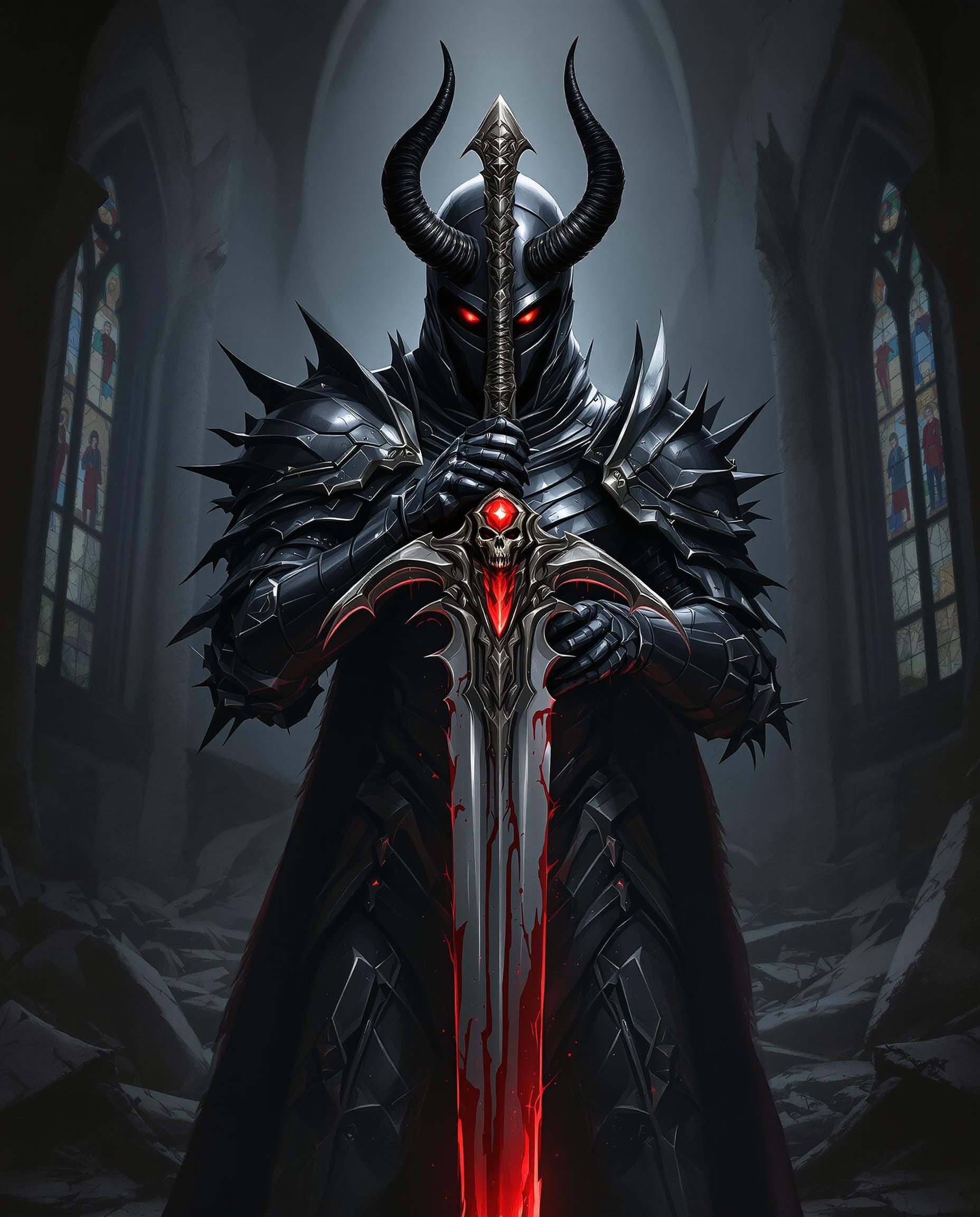 This image is a realistic photo (photograph) of a female real person digital artwork that exudes a dark fantasy vibe. The art style is reminiscent of high fantasy, with a focus on detailed armor and weaponry, and a gothic touch in the overall composition. The medium appears to be digital painting, given the smooth blending of colors and the lack of texture that might be present in traditional mediums.The colors are predominantly dark and muted, with a few highlights of red and white that stand out against the black and gray tones. The armor is primarily black with hints of silver and red, which gives it a metallic and somewhat ominous appearance. The red accents are particularly striking, with glowing eyes and a red gem on the sword, which adds a touch of horror and intensity to the character.The objects in the image are primarily the armored figure and the sword. The figure is wearing a full suit of armor, with a helmet that has horns protruding from the top, and a visor that obscures the face. The armor is intricate, with spikes and jagged edges that give it a menacing look. The figures right hand is visible, with a gauntlet that matches the armor, and the fingers are tipped with sharp claws. The left hand is obscured by the sword.The sword is the central object in the image, and it is a large, ornate blade with a bloodstained edge. The hilt is detailed with a red gem and a skull, and the blade itself has a jagged edge and a red glow near the tip, suggesting it might be enchanted or cursed.The background is a dark, gothic cathedral with pointed arches and stained glass windows. The cathedral is in ruins, with broken walls and debris scattered throughout, adding to the ominous atmosphere of the scene. The lighting is dramatic, with a spotlight effect that casts the figure and the sword in a brighter light, emphasizing their presence and giving the image a cinematic quality.