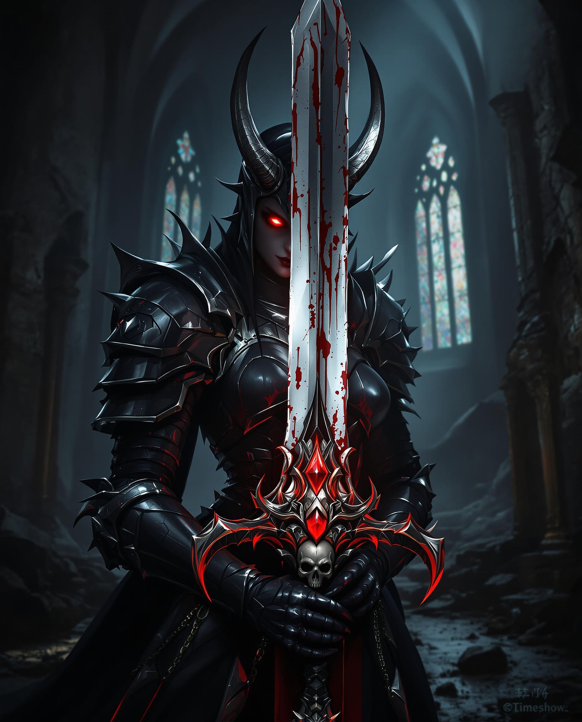 This image is a realistic photo (photograph) of a female real person digital artwork that exudes a dark fantasy vibe. The art style is reminiscent of high fantasy, with a focus on detailed armor and weaponry, and a gothic touch in the overall composition. The medium appears to be digital painting, given the smooth blending of colors and the lack of texture that might be present in traditional mediums.The colors are predominantly dark and muted, with a few highlights of red and white that stand out against the black and gray tones. The armor is primarily black with hints of silver and red, which gives it a metallic and somewhat ominous appearance. The red accents are particularly striking, with glowing eyes and a red gem on the sword, which adds a touch of horror and intensity to the character.The objects in the image are primarily the armored figure and the sword. The figure is wearing a full suit of armor, with a helmet that has horns protruding from the top, and a visor that obscures the face. The armor is intricate, with spikes and jagged edges that give it a menacing look. The figures right hand is visible, with a gauntlet that matches the armor, and the fingers are tipped with sharp claws. The left hand is obscured by the sword.The sword is the central object in the image, and it is a large, ornate blade with a bloodstained edge. The hilt is detailed with a red gem and a skull, and the blade itself has a jagged edge and a red glow near the tip, suggesting it might be enchanted or cursed.The background is a dark, gothic cathedral with pointed arches and stained glass windows. The cathedral is in ruins, with broken walls and debris scattered throughout, adding to the ominous atmosphere of the scene. The lighting is dramatic, with a spotlight effect that casts the figure and the sword in a brighter light, emphasizing their presence and giving the image a cinematic quality.