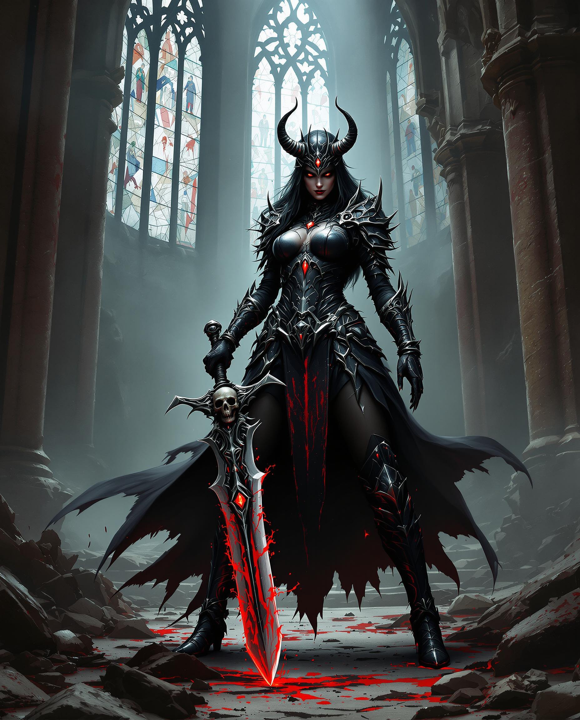 A strikingly detailed digital painting of a female warrior in a dark fantasy setting, captured with a photorealistic quality reminiscent of a high-end DSLR photo using a 50mm lens and shallow depth of field. She stands in full black armor with silver and red accents, intricate spikes, and a horned helmet, wielding a large, cursed sword with a bloodstained, jagged blade, a glowing red gem, and a skull-adorned hilt, exuding menace and horror. The scene unfolds in a ruined gothic cathedral with shattered stained glass and debris, illuminated by dramatic, cinematic lighting that spotlights the warrior against a muted palette of blacks, grays, and haunting reds.