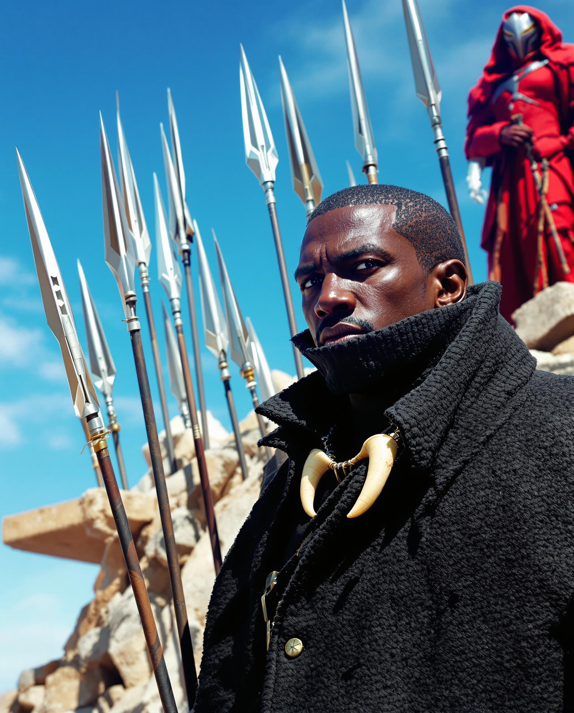 This image appears to be a still from a film or a highquality photograph, capturing a moment of a character in a dynamic outdoor setting. The art style is cinematic, with a focus on realistic lighting and shadow to create a sense of depth and drama.The medium is not immediately clear from the image alone, but it seems to be a digital creation, given the sharpness and clarity of the details. The colors are vibrant and rich, with a predominance of blues and browns, which gives the image a cool and earthy feel. The sky is a clear, bright blue, with a few wispy clouds, suggesting a sunny day.The objects in the image are numerous and contribute to the overall atmosphere of the scene. In the foreground, the character is wearing a dark, textured coat with a high collar, giving off a sense of mystery and readiness. The coats fabric appears to be a knit or woven material, with a tactile quality that is emphasized by the play of light and shadow.The character is also wearing a necklace with what seems to be animal teeth or tusks, which could be a cultural or symbolic accessory. The teeth are a pale, creamy color, contrasting with the dark tones of the coat.Behind the character, there are several spearlike objects, each with a unique design, suggesting a collection of weapons or tools. These objects are metallic, with a reflective quality, and are of varying lengths and shapes, indicating a diverse arsenal.In the background, there is a figure in a red outfit, standing on a raised platform or structure. The figure is partially obscured by the foreground elements, but it is clear that they are dressed in a costume that includes armorlike elements, suggesting they may be a guard or a figure of importance.The overall composition of the image, with its rich colors, detailed textures, and dynamic elements, creates a sense of anticipation and adventure, as if the character is on the brink of action or decision.