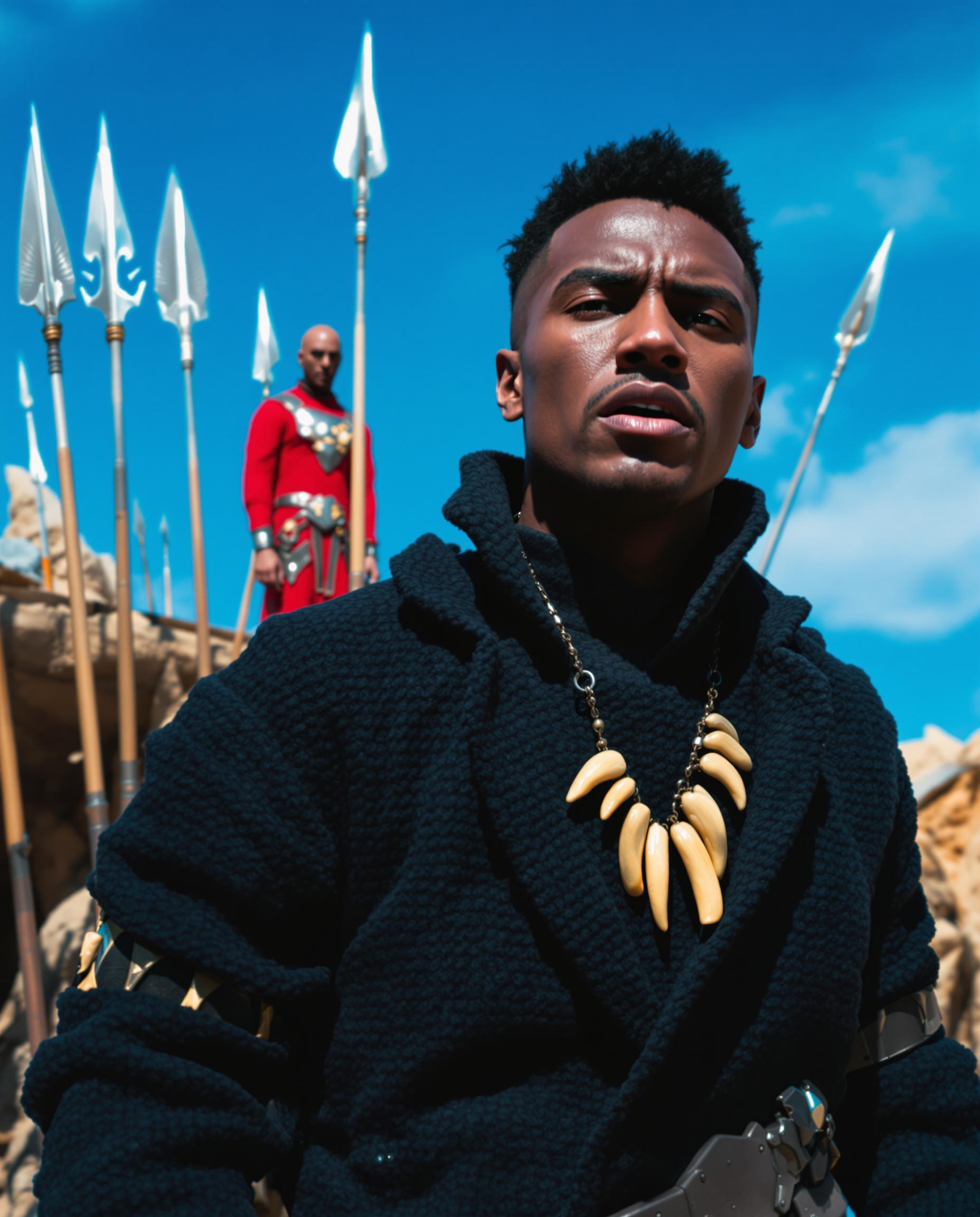 This image appears to be a still from a film or a highquality photograph, capturing a moment of a character in a dynamic outdoor setting. The art style is cinematic, with a focus on realistic lighting and shadow to create a sense of depth and drama.The medium is not immediately clear from the image alone, but it seems to be a digital creation, given the sharpness and clarity of the details. The colors are vibrant and rich, with a predominance of blues and browns, which gives the image a cool and earthy feel. The sky is a clear, bright blue, with a few wispy clouds, suggesting a sunny day.The objects in the image are numerous and contribute to the overall atmosphere of the scene. In the foreground, the character is wearing a dark, textured coat with a high collar, giving off a sense of mystery and readiness. The coats fabric appears to be a knit or woven material, with a tactile quality that is emphasized by the play of light and shadow.The character is also wearing a necklace with what seems to be animal teeth or tusks, which could be a cultural or symbolic accessory. The teeth are a pale, creamy color, contrasting with the dark tones of the coat.Behind the character, there are several spearlike objects, each with a unique design, suggesting a collection of weapons or tools. These objects are metallic, with a reflective quality, and are of varying lengths and shapes, indicating a diverse arsenal.In the background, there is a figure in a red outfit, standing on a raised platform or structure. The figure is partially obscured by the foreground elements, but it is clear that they are dressed in a costume that includes armorlike elements, suggesting they may be a guard or a figure of importance.The overall composition of the image, with its rich colors, detailed textures, and dynamic elements, creates a sense of anticipation and adventure, as if the character is on the brink of action or decision.