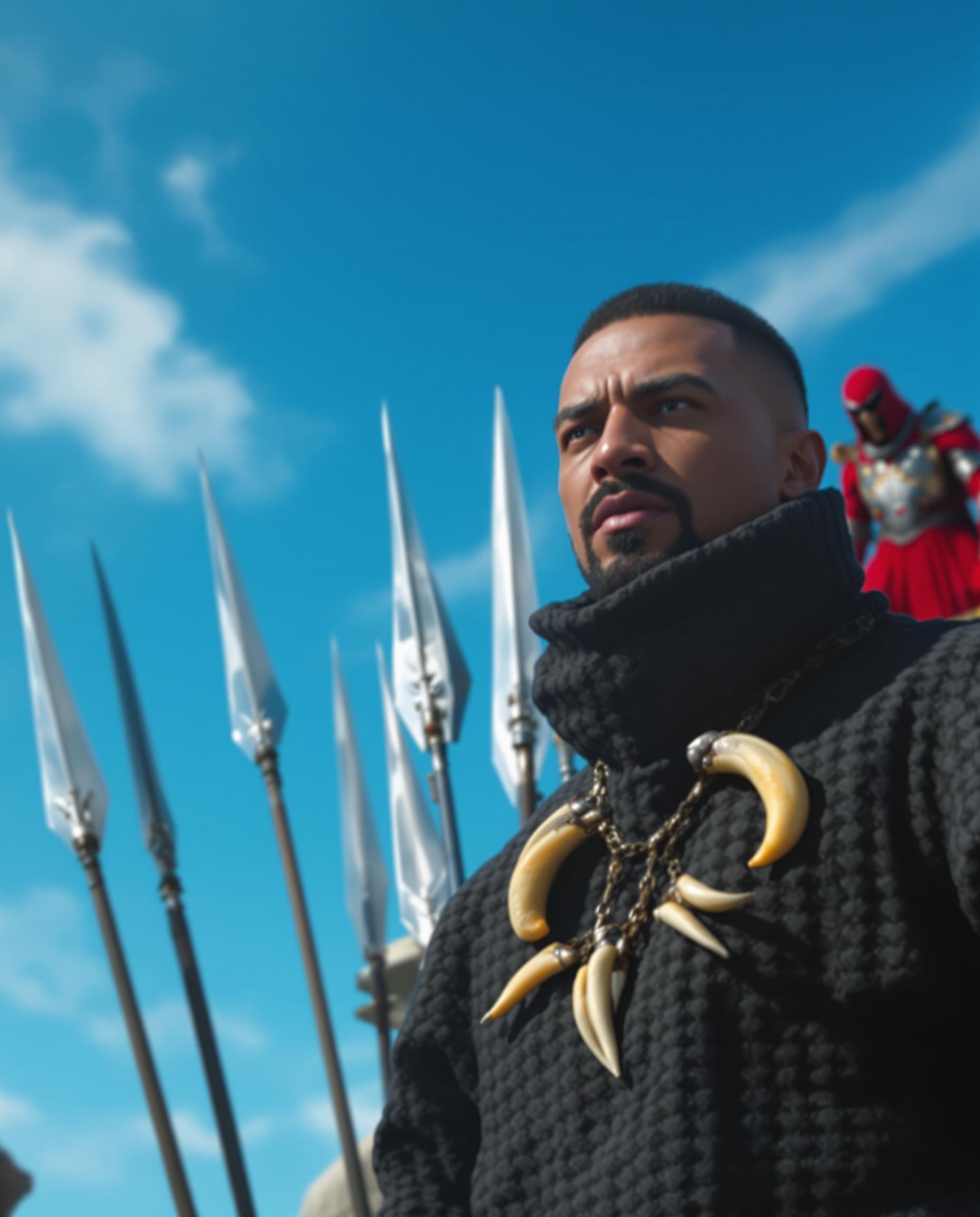 This image appears to be a still from a film or a highquality photograph, capturing a moment of a character in a dynamic outdoor setting. The art style is cinematic, with a focus on realistic lighting and shadow to create a sense of depth and drama.The medium is not immediately clear from the image alone, but it seems to be a digital creation, given the sharpness and clarity of the details. The colors are vibrant and rich, with a predominance of blues and browns, which gives the image a cool and earthy feel. The sky is a clear, bright blue, with a few wispy clouds, suggesting a sunny day.The objects in the image are numerous and contribute to the overall atmosphere of the scene. In the foreground, the character is wearing a dark, textured coat with a high collar, giving off a sense of mystery and readiness. The coats fabric appears to be a knit or woven material, with a tactile quality that is emphasized by the play of light and shadow.The character is also wearing a necklace with what seems to be animal teeth or tusks, which could be a cultural or symbolic accessory. The teeth are a pale, creamy color, contrasting with the dark tones of the coat.Behind the character, there are several spearlike objects, each with a unique design, suggesting a collection of weapons or tools. These objects are metallic, with a reflective quality, and are of varying lengths and shapes, indicating a diverse arsenal.In the background, there is a figure in a red outfit, standing on a raised platform or structure. The figure is partially obscured by the foreground elements, but it is clear that they are dressed in a costume that includes armorlike elements, suggesting they may be a guard or a figure of importance.The overall composition of the image, with its rich colors, detailed textures, and dynamic elements, creates a sense of anticipation and adventure, as if the character is on the brink of action or decision.