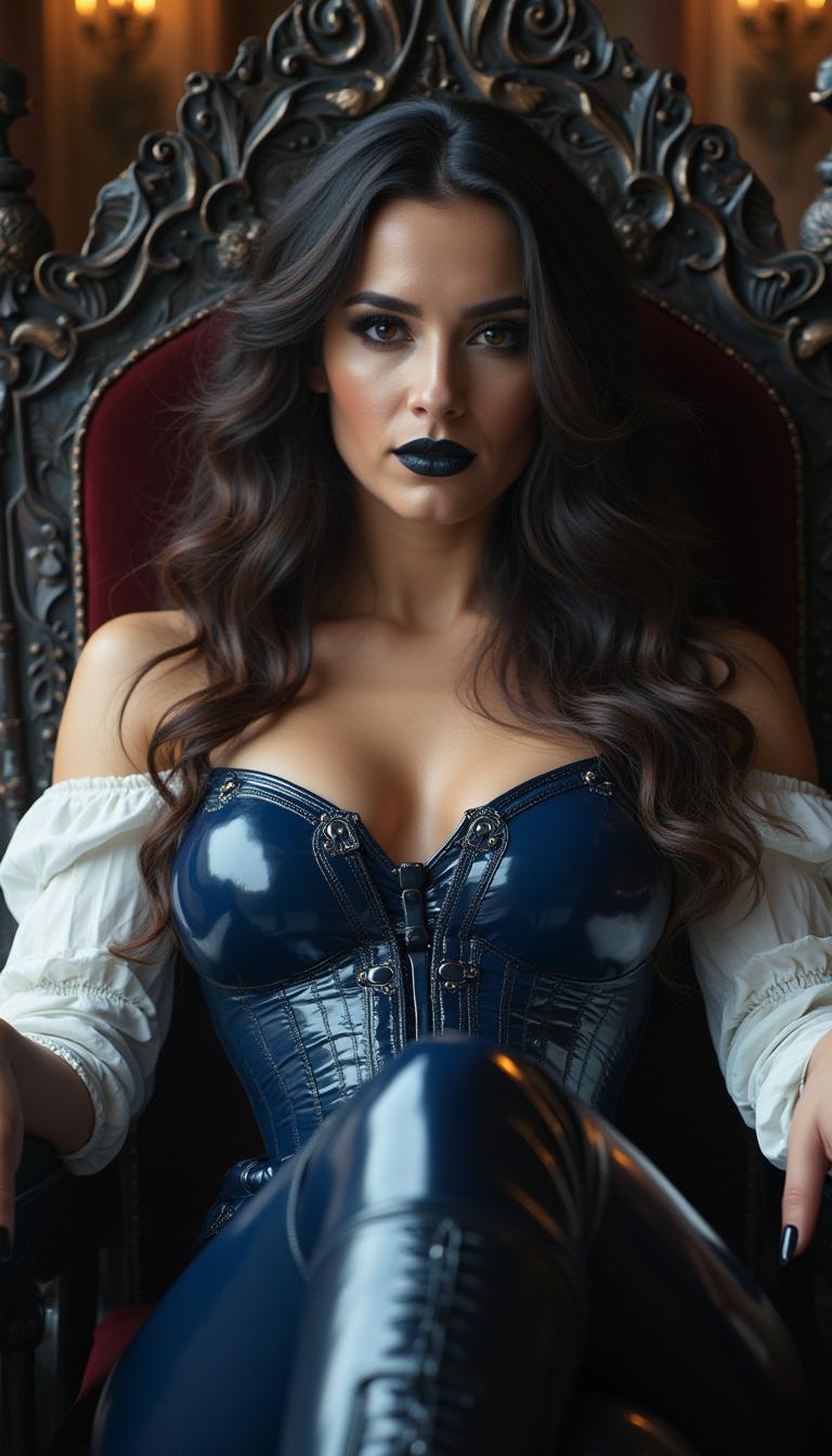 A mid-20s Italian-American woman with a soft tan and striking dark brown eyes reclines confidently on an ornate throne in a grand medieval-style throne room. Shiny black lipstick and thick, heavy goth makeup. Her nails are shiny black claw length. Her wavy, thick, curly dark brown hair cascades down her back to her waist, framing her poised expression under soft, dramatic lighting. She wears a shiny white latex corset over a shiny dark blue latex blouse, paired with tight shiny dark blue latex pants and knee-high shiny dark blue latex boots, captured in stunning 8K detail with cinematic depth.