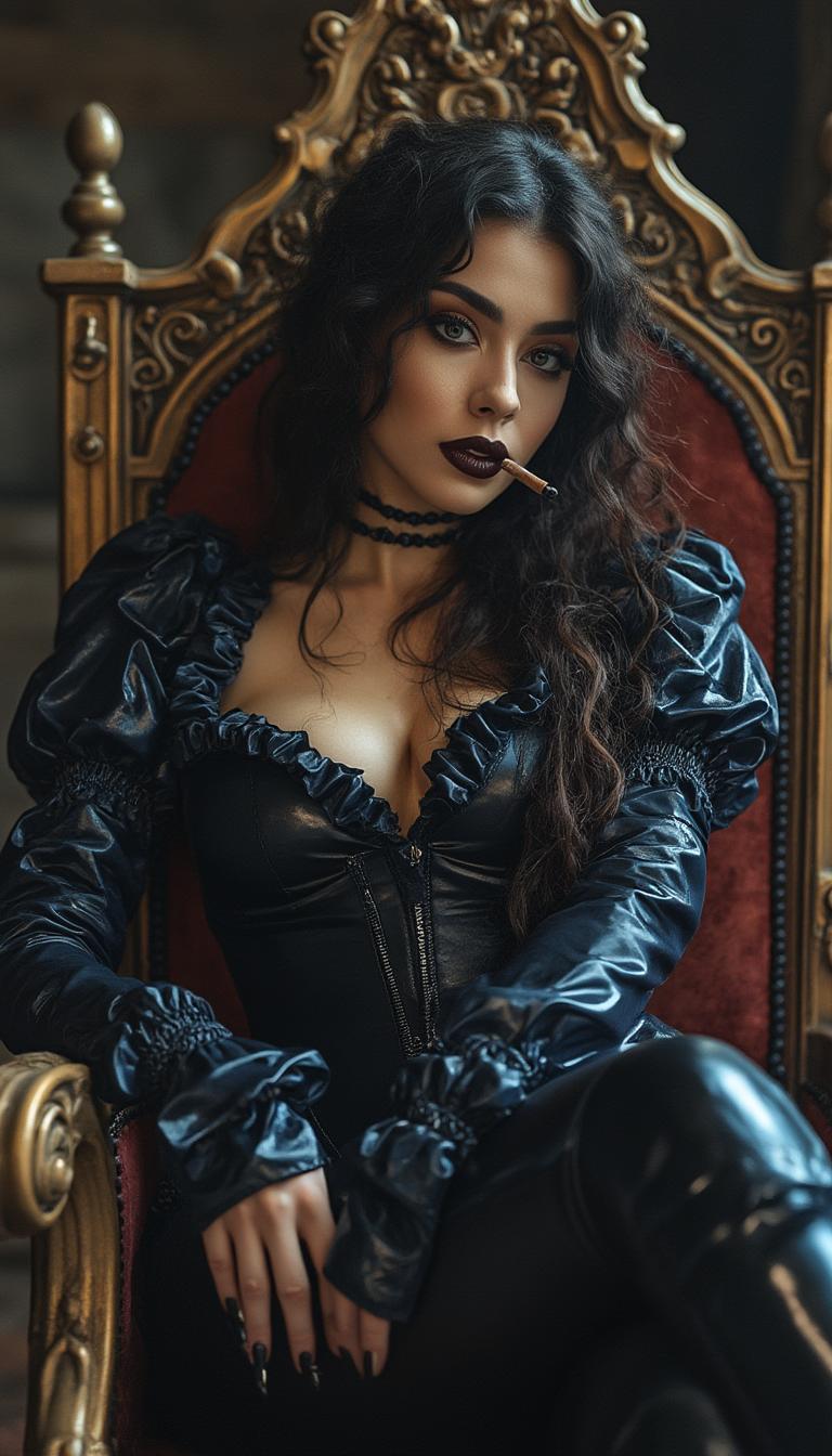 A mid-20s Italian-American woman with a soft tan and striking dark brown eyes reclines confidently on an ornate throne in a grand medieval-style throne room, exuding gothic elegance. Smoking a long dark cigarette. Her shiny black lipstick, thick goth makeup, and claw-length black nails complement her wavy, thick, curly dark brown hair cascading to her waist, while a shiny black latex corset, dark blue latex blouse, pants, and knee-high boots gleam under soft, dramatic lighting, captured in stunning 8K cinematic detail with shallow depth of field.