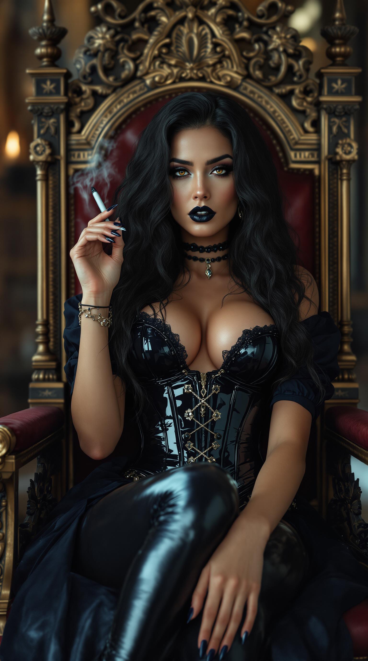 A mid-20s Italian-American woman with a soft tan and striking dark holden eyes reclines confidently on an ornate throne in a grand medieval-style throne room, exuding gothic elegance. Smoking a long dark cigarette. Her shiny black lipstick, thick goth makeup, and claw-length shiny black nails complement her wavy, thick, curly black hair cascading to her waist, while a shiny black latex corset, dark blue latex blouse, pants, and knee-high boots gleam under soft, dramatic lighting, captured in stunning 8K cinematic detail with shallow depth of field.
