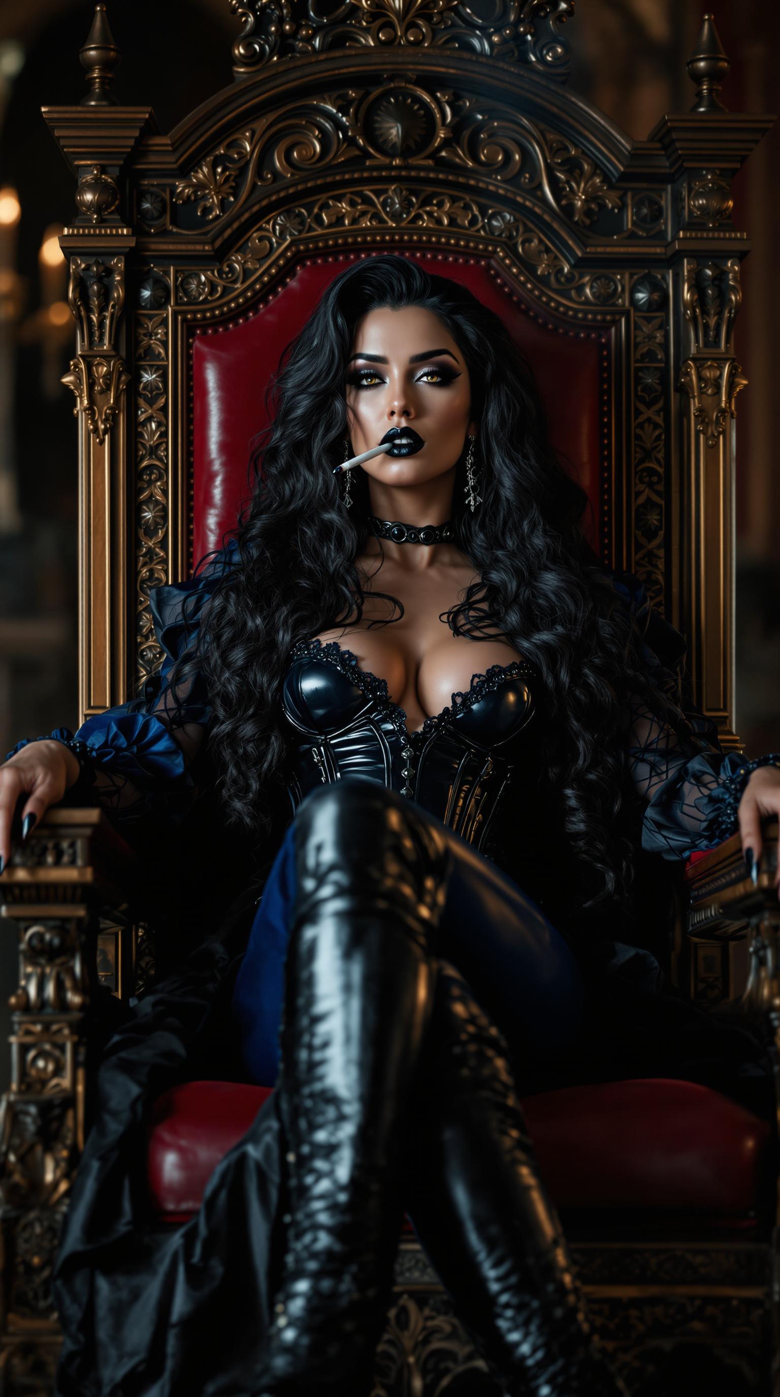 A mid-20s Italian-American woman with a soft tan and striking dark holden eyes reclines confidently on an ornate throne in a grand medieval-style throne room, exuding gothic elegance. Smoking a long dark cigarette. Her shiny black lipstick, thick goth makeup, and claw-length shiny black nails complement her wavy, thick, curly black hair cascading to her waist, while a shiny black latex corset and a shiny blue latex blouse, shiny blue latex pants, and shiny black latex knee-high boots gleam under soft, dramatic lighting, captured in stunning 8K cinematic detail with shallow depth of field.