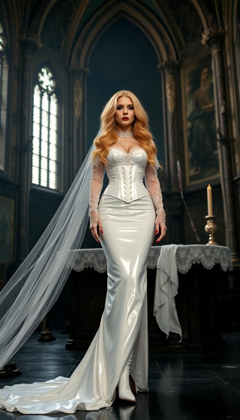 Golden haired her hair falls to her knees in thick heavy waves and wild curls. mid 20s, vampire queen, shiny blood red lips and long shiny blood red claw-length nails. Dressed in a floor length shiny white latex wedding gown with a shiny white latex corset, white lace sleeves and gloves. Shiny white latex thigh-high boots with 7 inch heels. Standing at a desecrated altar in a dark, ruined cathedral.