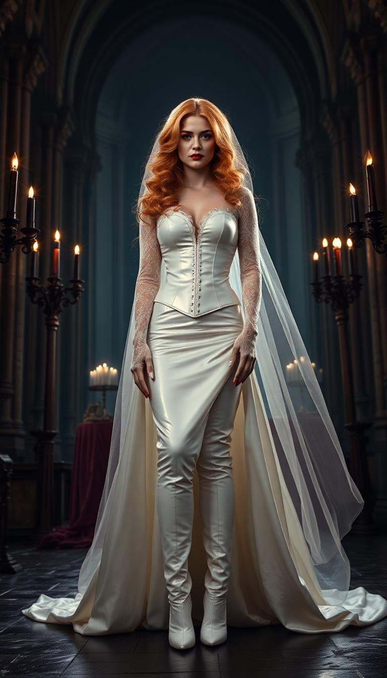 Golden haired her hair falls to her knees in thick heavy waves and wild curls. mid 20s, vampire queen, shiny blood red lips and long shiny blood red claw-length nails. Dressed in a floor length shiny white latex wedding gown with a shiny white latex corset, white lace sleeves and gloves. Shiny white latex thigh-high boots with 7 inch heels. Standing at a desecrated altar in a midnight dark, ruined cathedral, lit only by candelabrasholdingtall black candles.