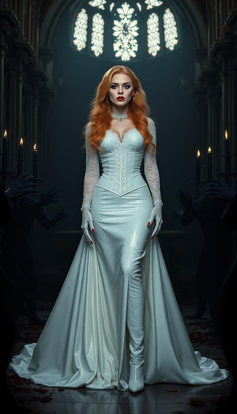 A striking vampire queen in her mid-20s stands at a desecrated altar in a midnight-dark, ruined cathedral, illuminated solely by the flickering glow of tall black candles in ornate candelabras. Her golden hair cascades to her knees in thick, heavy waves and wild curls, framing her pale face with bold gothic makeup, shiny blood-red lips, and long, claw-length blood-red nails, while she wears a floor-length shiny white latex wedding gown, corset, lace sleeves, and fingerless gloves, and thigh-high boots with 7-inch heels. Shadowy monsters loom around her, their forms barely visible in the haunting, cinematic lighting of this high-detail 8K scene.