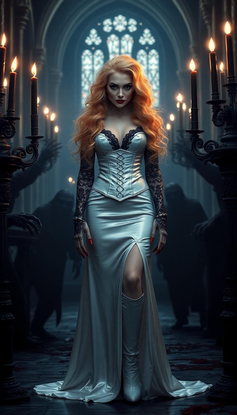 A striking vampire queen in her mid-20s stands at a desecrated altar in a midnight-dark, ruined cathedral, illuminated solely by the flickering glow of tall black candles in ornate candelabras. Her golden hair cascades to her knees in thick, heavy waves and wild curls, framing her pale face with bold gothic makeup, shiny blood-red lips, and long, claw-length blood-red nails, while she wears a floor-length shiny white latex wedding gown, corset, lace sleeves, and fingerless gloves, and thigh-high boots with 7-inch heels. Shadowy monsters loom around her, their forms barely visible in the haunting, cinematic lighting of this high-detail 8K scene.