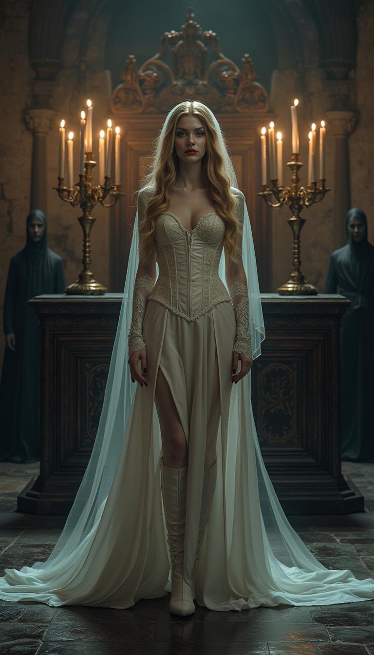 A striking vampire queen in her mid-20s stands dominantly at a desecrated altar in a midnight-dark, ruined cathedral, bathed in the eerie, flickering glow of tall black candles set in ornate candelabras. Her golden hair cascades to her knees in thick, wild waves and curls, framing her pale, haunting face with bold gothic makeup, shiny blood-red lips, and claw-length blood-red nails, while she wears a floor-length shiny white latex wedding gown with a corset, lace sleeves, veil, fingerless gloves, and thigh-high boots with 7-inch heels. Shadowy monsters loom ominously around her, their forms barely discernible in the haunting, cinematic lighting of this high-detail 8K DSLR photo, captured with a 50mm lens and shallow depth of field.