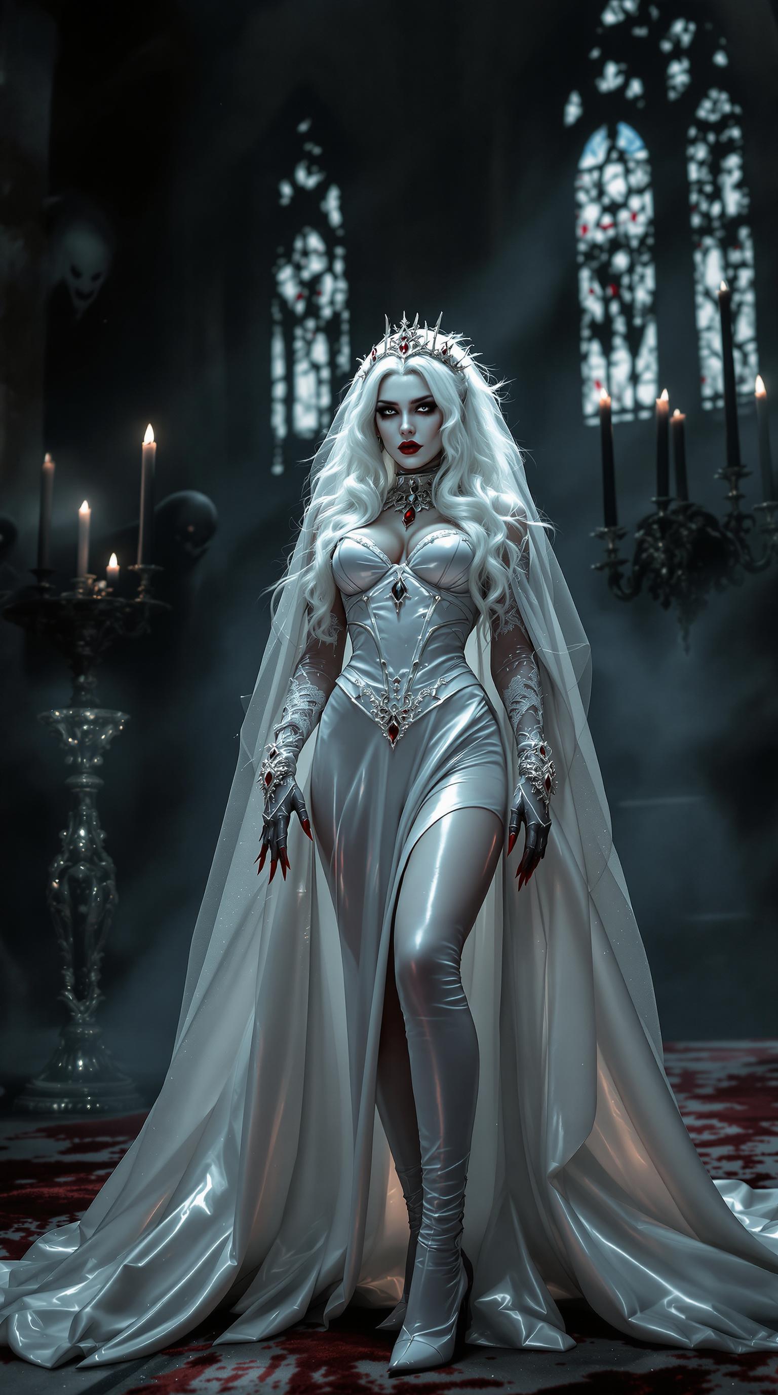 A striking vampire queen in her mid-20s stands dominantly at a desecrated altar in a midnight-dark, ruined cathedral, illuminated by the eerie, flickering glow of tall black candles in ornate candelabras. Her white hair cascades to her knees in thick, wild waves, framing a pale, haunting face with bold gothic makeup, shiny blood-red lips, and claw-length blood-red nails, while she wears a floor-length shiny white latex wedding gown with a corset, lace sleeves, veil, fingerless gloves, and thigh-high boots with 7-inch heels, adorned with elegant ruby and gold jewelry. Shadowy monsters loom ominously around her, their forms barely discernible in the haunting, cinematic lighting of this high-detail 8K DSLR photo, captured with a 50mm lens and shallow depth of field.