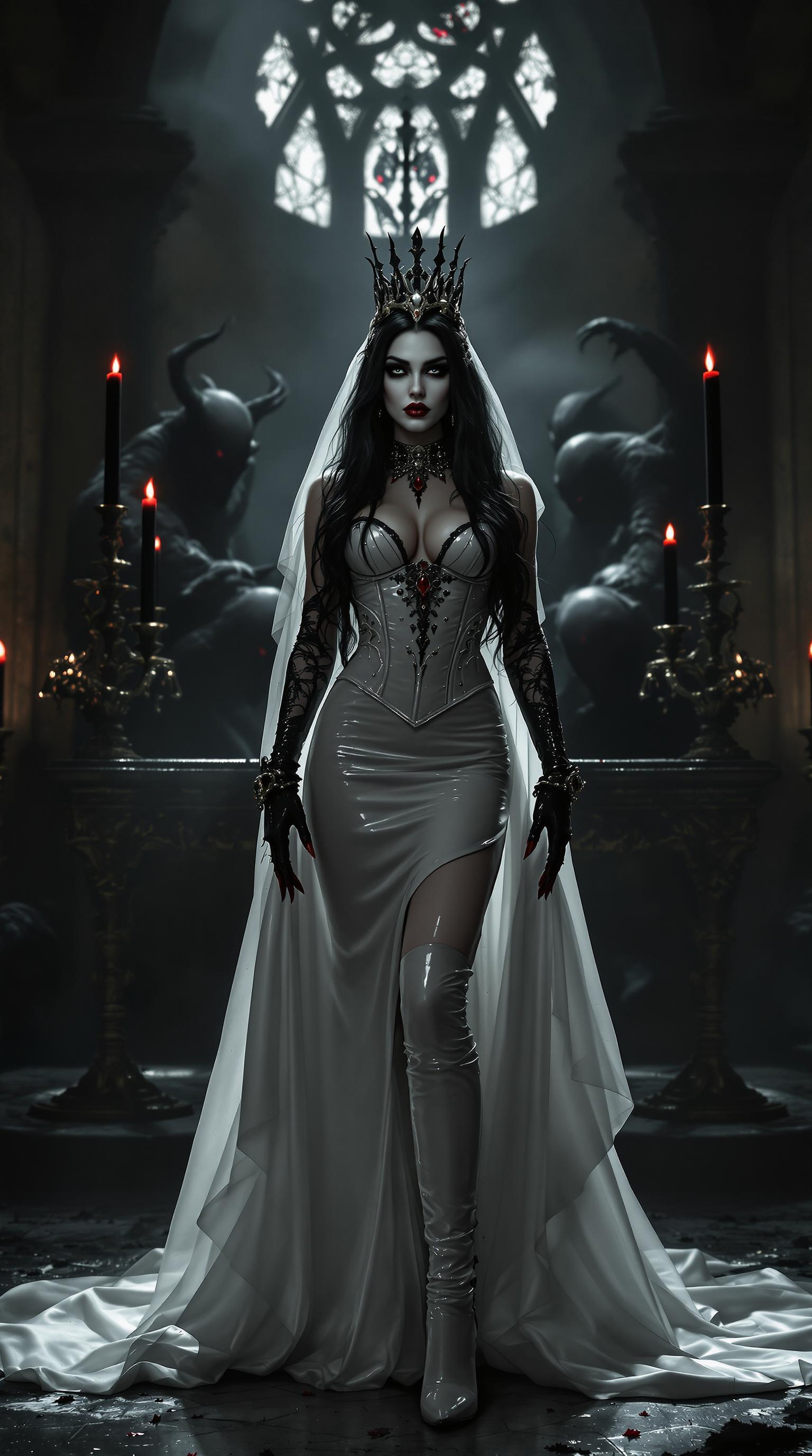 A striking vampire queen in her mid-20s stands dominantly at a desecrated altar in a midnight-dark, ruined cathedral, illuminated by the eerie, flickering glow of tall black candles in ornate candelabras. Her midnight black hair cascades to her knees in thick, wild waves, framing a pale, haunting face with bold gothic makeup, shiny blood-red lips, and claw-length blood-red nails, while she wears a floor-length shiny white latex wedding gown with a corset, lace sleeves, veil, fingerless gloves, and thigh-high boots with 7-inch heels, adorned with elegant ruby and gold jewelry. Shadowy monsters loom ominously around her, their forms barely discernible in the haunting, cinematic lighting of this high-detail 8K DSLR photo, captured with a 50mm lens and shallow depth of field.