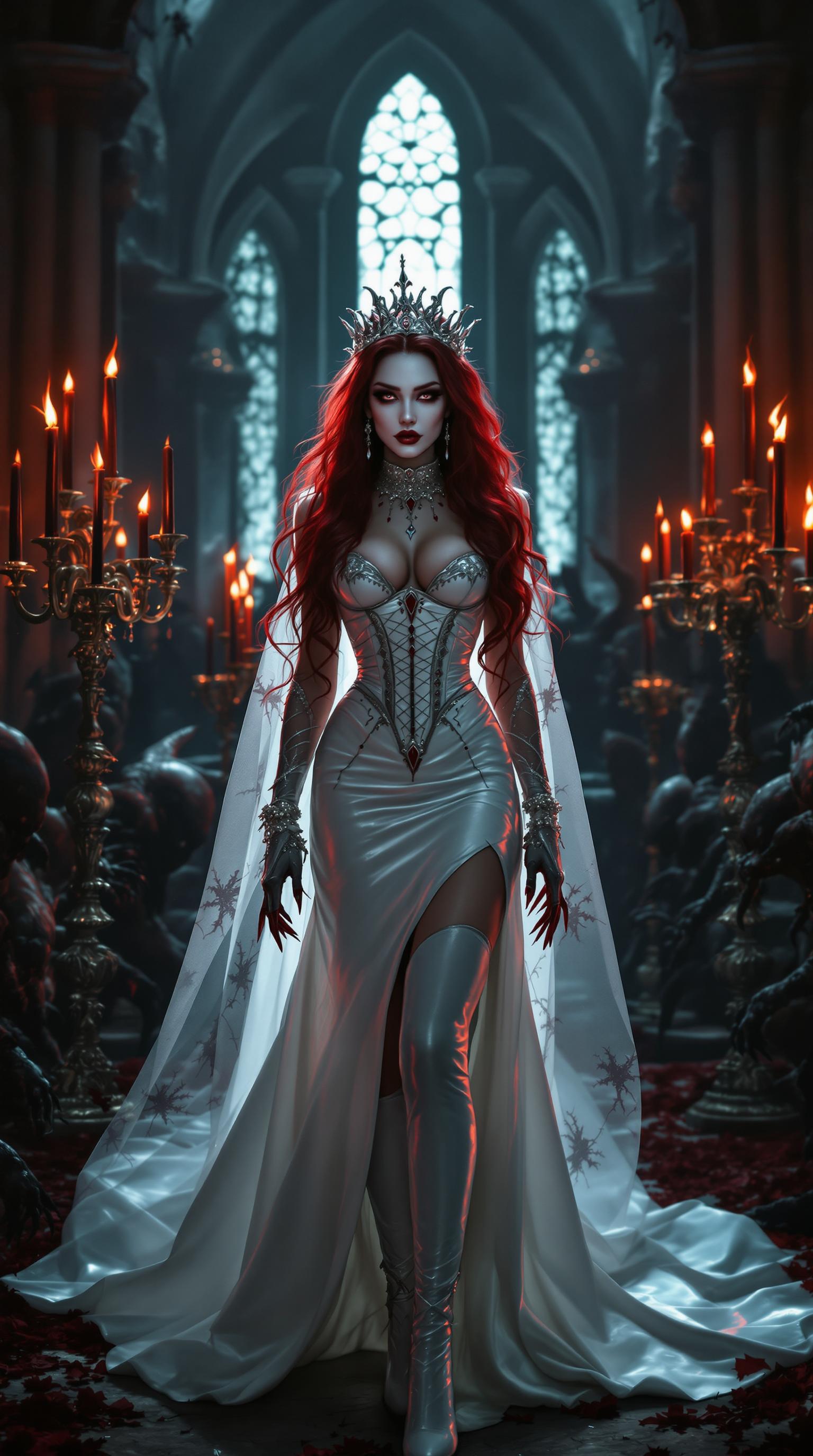 A striking vampire queen in her mid-20s stands dominantly at a desecrated altar in a midnight-dark, ruined cathedral, bathed in the eerie, flickering glow of tall black candles set in ornate candelabras. Her blood-red hair cascades to her knees in thick, wild waves, framing a pale, haunting face with bold gothic makeup, shiny blood-red lips, and claw-length blood-red nails, while she dons a floor-length shiny white latex wedding gown with a corset, lace sleeves, veil, fingerless gloves, and thigh-high boots with 7-inch heels, accented by elegant ruby and gold jewelry. Shadowy monsters loom ominously around her, their forms barely discernible in the haunting, cinematic lighting of this high-detail 8K DSLR photo, captured with a 50mm lens and shallow depth of field, emphasizing her commanding presence against the decaying, gothic backdrop.