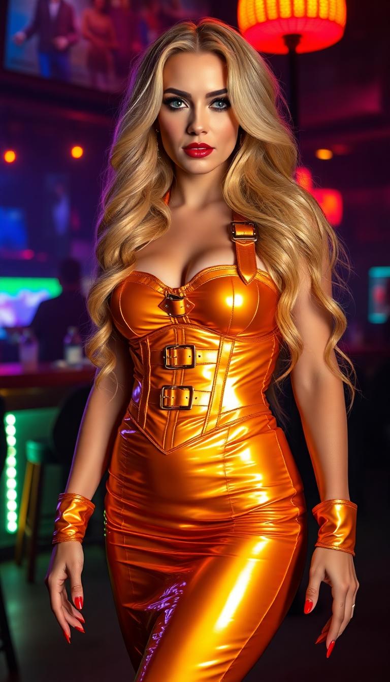 A striking woman in her late 30s stands confidently in a vibrant nightclub, her golden blonde hair cascading in thick, heavy waves down to her ankles. Her sky-blue eyes are framed by dramatic, heavy makeup, while her shiny blood-red lips and claw-length red nails add a bold edge, a shiny gold latex corset decorated by buckles and straps matching her shiny gold latex floor pencil skirt and thigh-high gold latex boots. The scene is captured with cinematic lighting, a 50mm lens, and 8K photorealistic detail, highlighting every glossy texture.