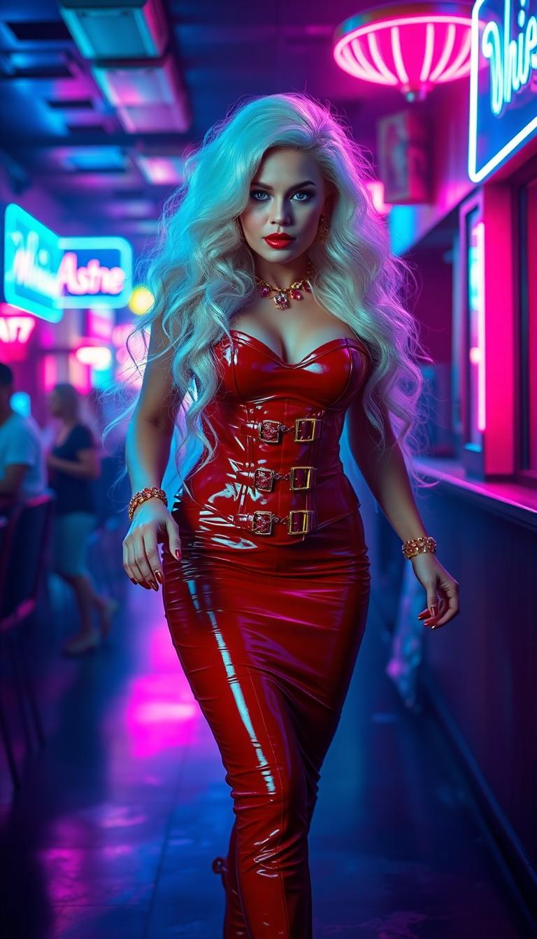 A striking woman in her late 30s struts confidently through a vibrant nightclub, her white blonde hair cascading in thick, heavy waves down to her ankles, shimmering under pulsating neon lights of electric blue and hot pink. Her piercing sky-blue eyes, framed by dramatic, heavy makeup, and bold blood-red lips with claw-length red nails complement her glossy crimson latex corset, pencil skirt, and ankle boots, accented by elegant gold and ruby jewelry. Captured with cinematic lighting, a 50mm lens, shallow depth of field, and 8K photorealistic detail, every glossy texture and intricate detail radiates in the sultry, electric atmosphere of the night.