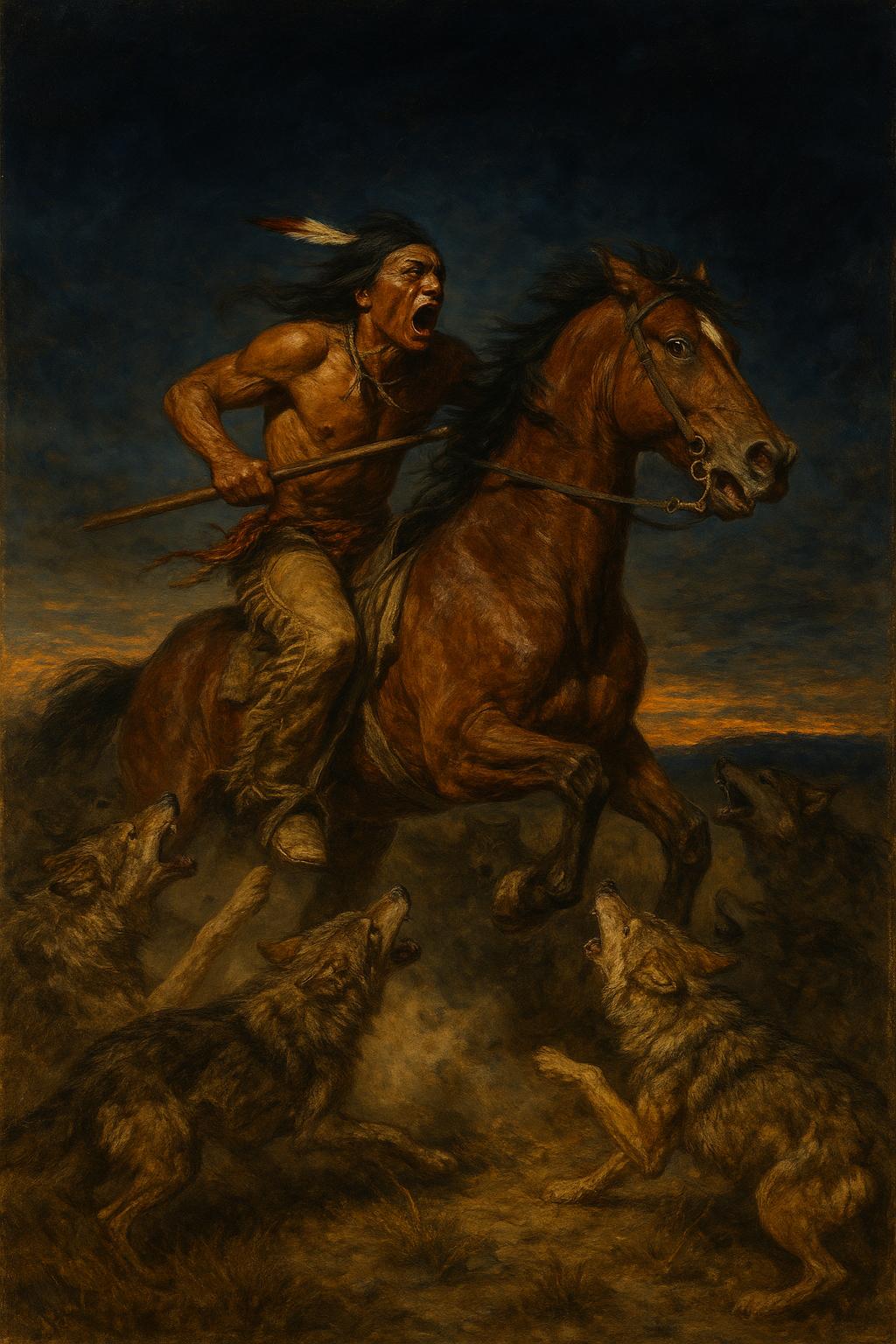 native american on his horse trying to escape a wolf pack, wolves attacking the horse, the wolf pack is after the horse, wolves focused on the horse, yelling, prairie, action, dramatic motion, dust, dark night, sundown, detailed oil painting style