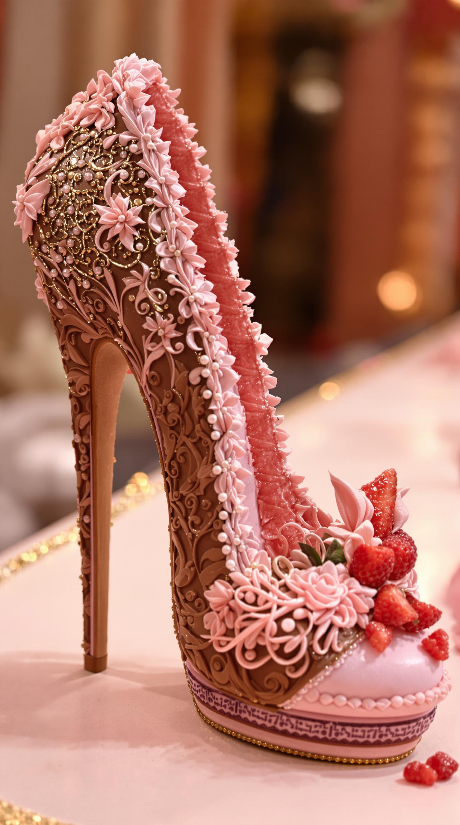 lazypos, Elegant high heel sculpted from chocolate cake layers, sole glazed with raspberry jelly, frosting piped along the heel like filigree, strawberry pieces on the toe, resting on a macaron runway, golden soft lighting, pastel palette