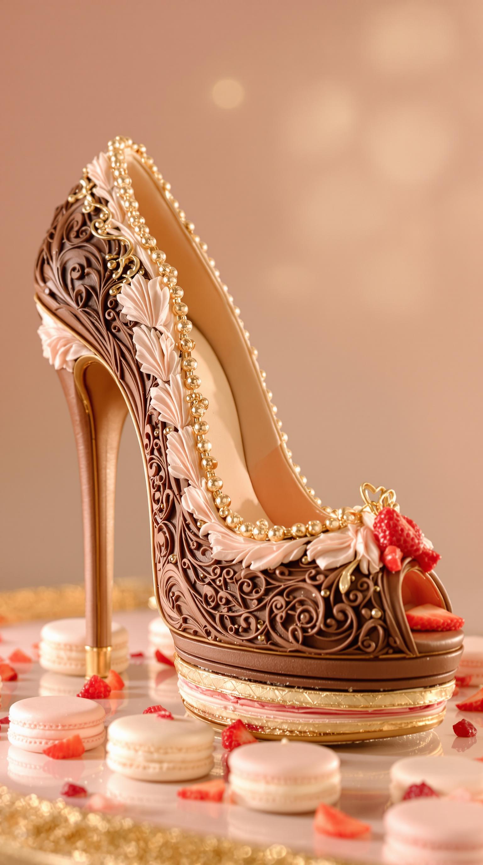 lazypos, Elegant high heel sculpted from chocolate cake layers, sole glazed with raspberry jelly, frosting piped along the heel like filigree, strawberry pieces on the toe, resting on a macaron runway, golden soft lighting, pastel palette