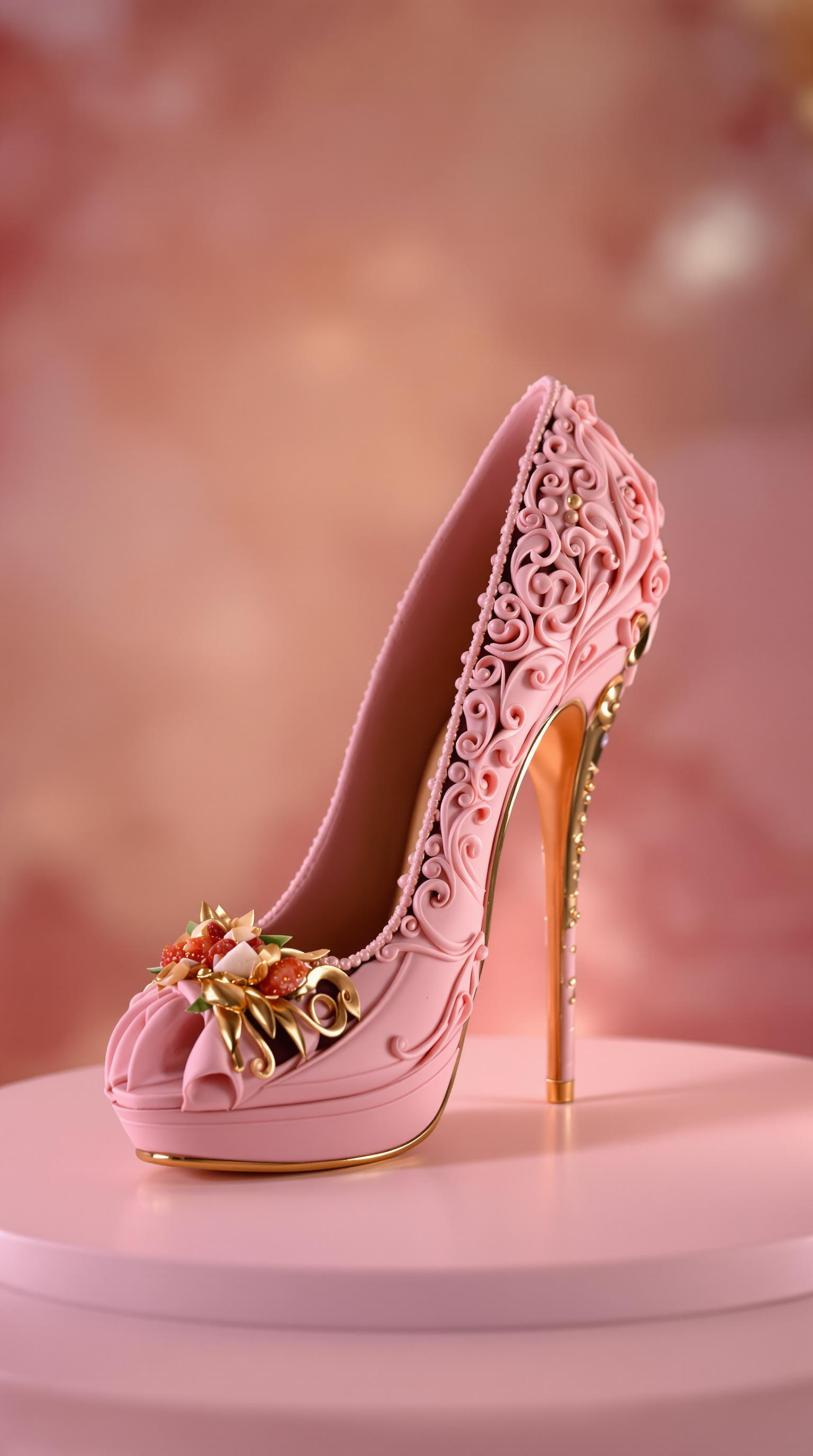 lazypos, Elegant high heel sculpted from chocolate cake layers, sole glazed with raspberry jelly, frosting piped along the heel like filigree, strawberry pieces on the toe, resting on a macaron runway, golden soft lighting, pastel palette