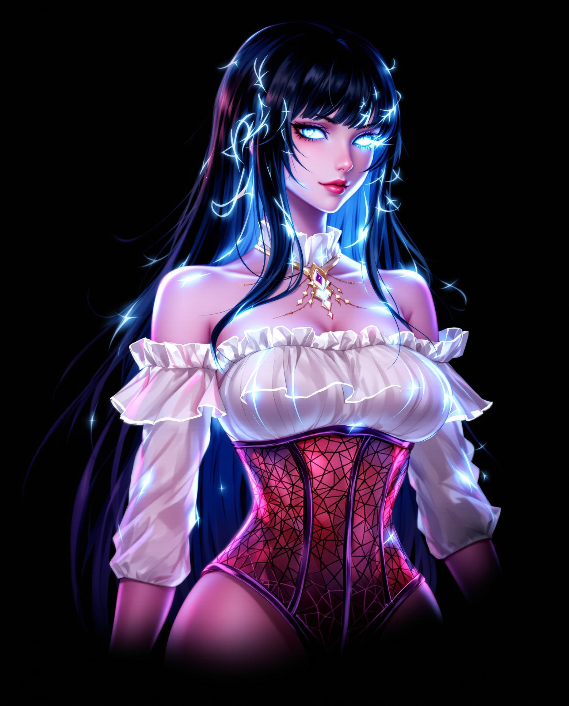 This is a realistic photo (photograph) of a female real person digital illustration that features a character with a striking presence. The medium appears to be a digital painting, given the smooth gradients and the seamless blending of colors.The character is depicted with long, flowing hair that cascades down her back and shoulders. The hair is a deep, rich black with hints of blue and purple, which gives it a luminous quality. It is adorned with what looks like glowing tendrils of energy, adding to the mystical aura of the character.The characters attire is a white, offtheshoulder top with a ruffled collar and a high neckline. The top is detailed with a red, weblike pattern that covers the chest area, giving the impression of a bodice or corset. The red pattern is outlined with a thin, black border, which stands out against the white fabric. The sleeves of the top are rolled up to the elbows, revealing the characters arms.The characters skin is a pale pink, with a gradient effect that transitions to a deeper pink on the lower half of the body. The skin is adorned with a series of blue, glowing lines that trace the contours of the body, giving the impression of a second skin or a layer of energy.The background is a solid black, which serves to accentuate the brightness and vividness of the colors in the foreground. The contrast between the dark background and the illuminated character creates a dramatic effect, drawing the viewers attention to the subject.