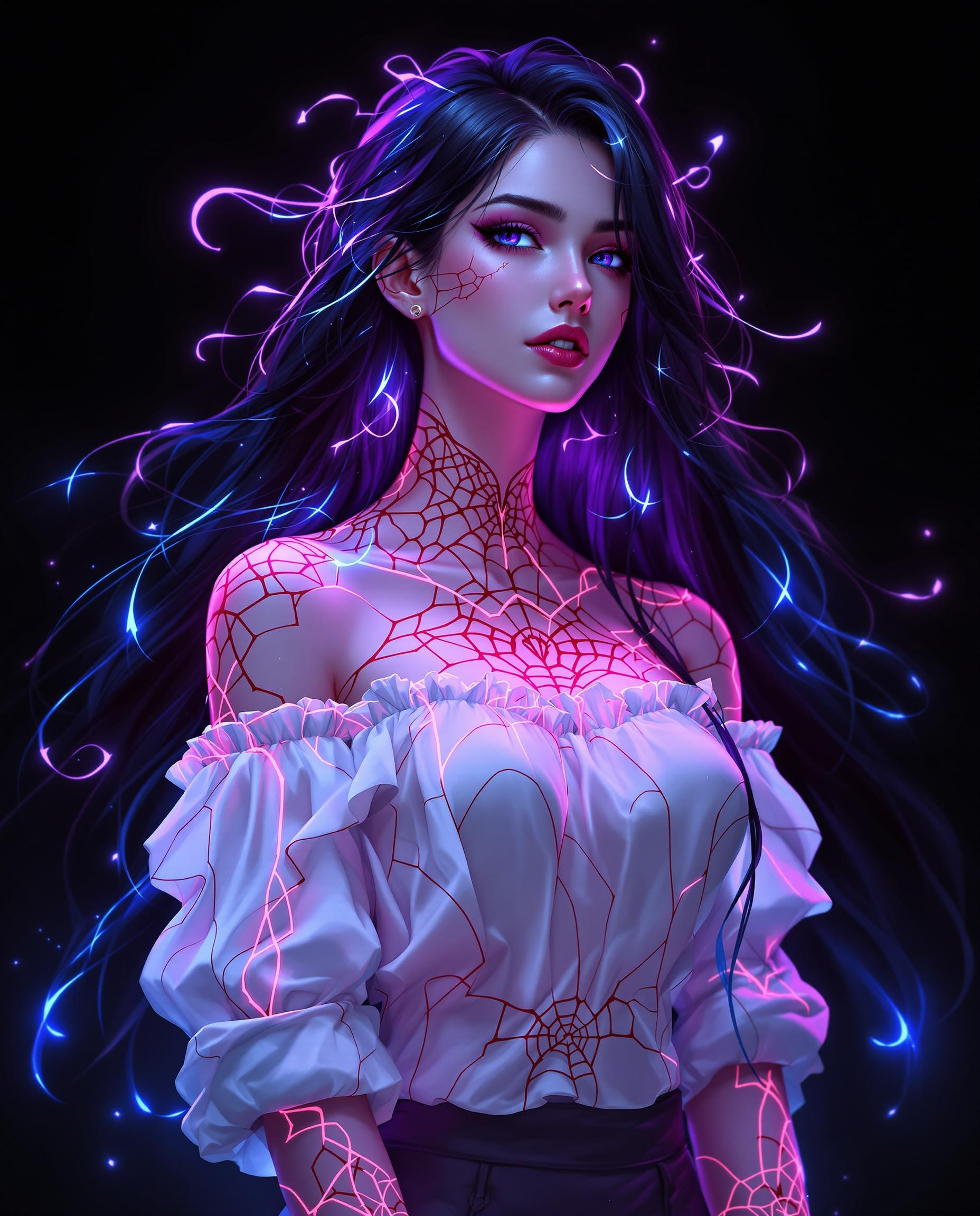 A stunning digital painting of a female character with a striking, mystical presence, captured in a photorealistic style as if taken with a DSLR camera using a 50mm lens for a shallow depth of field. Her long, flowing hair cascades down her back in deep black with luminous hints of blue and purple, adorned with glowing tendrils of energy, while she wears a white off-the-shoulder top with a ruffled collar, intricate red web-like patterns outlined in black, and rolled-up sleeves. Set against a solid black background, her pale pink skin with a gradient to deeper pink and glowing blue energy lines tracing her form creates a dramatic, vivid contrast, enhanced by cinematic lighting and 8K detail.