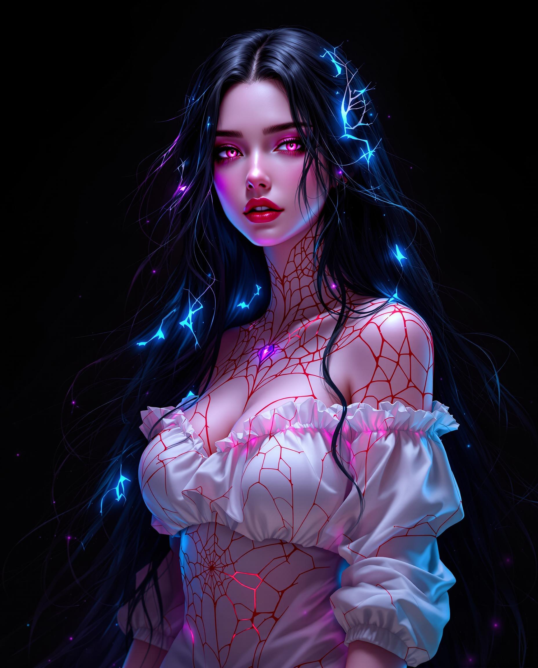 A stunning digital painting of a female character with a striking, mystical presence, captured in a photorealistic style as if taken with a DSLR camera using a 50mm lens for a shallow depth of field. Her long, flowing hair cascades down her back in deep black with luminous hints of blue and purple, adorned with glowing tendrils of energy, while she wears a white off-the-shoulder top with a ruffled collar, intricate red web-like patterns outlined in black, and rolled-up sleeves. Set against a solid black background, her pale pink skin with a gradient to deeper pink and glowing blue energy lines tracing her form creates a dramatic, vivid contrast, enhanced by cinematic lighting and 8K detail.