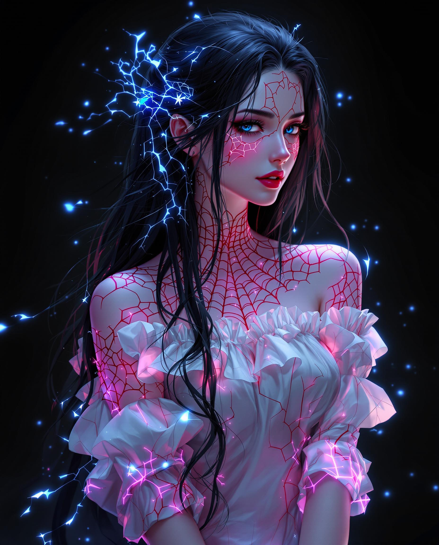 A stunning digital painting of a female character with a striking, mystical presence, captured in a photorealistic style as if taken with a DSLR camera using a 50mm lens for a shallow depth of field. Her long, flowing hair cascades down her back in deep black with luminous hints of blue and purple, adorned with glowing tendrils of energy, while she wears a white off-the-shoulder top with a ruffled collar, intricate red web-like patterns outlined in black, and rolled-up sleeves. Set against a solid black background, her pale pink skin with a gradient to deeper pink and glowing blue energy lines tracing her form creates a dramatic, vivid contrast, enhanced by cinematic lighting and 8K detail.