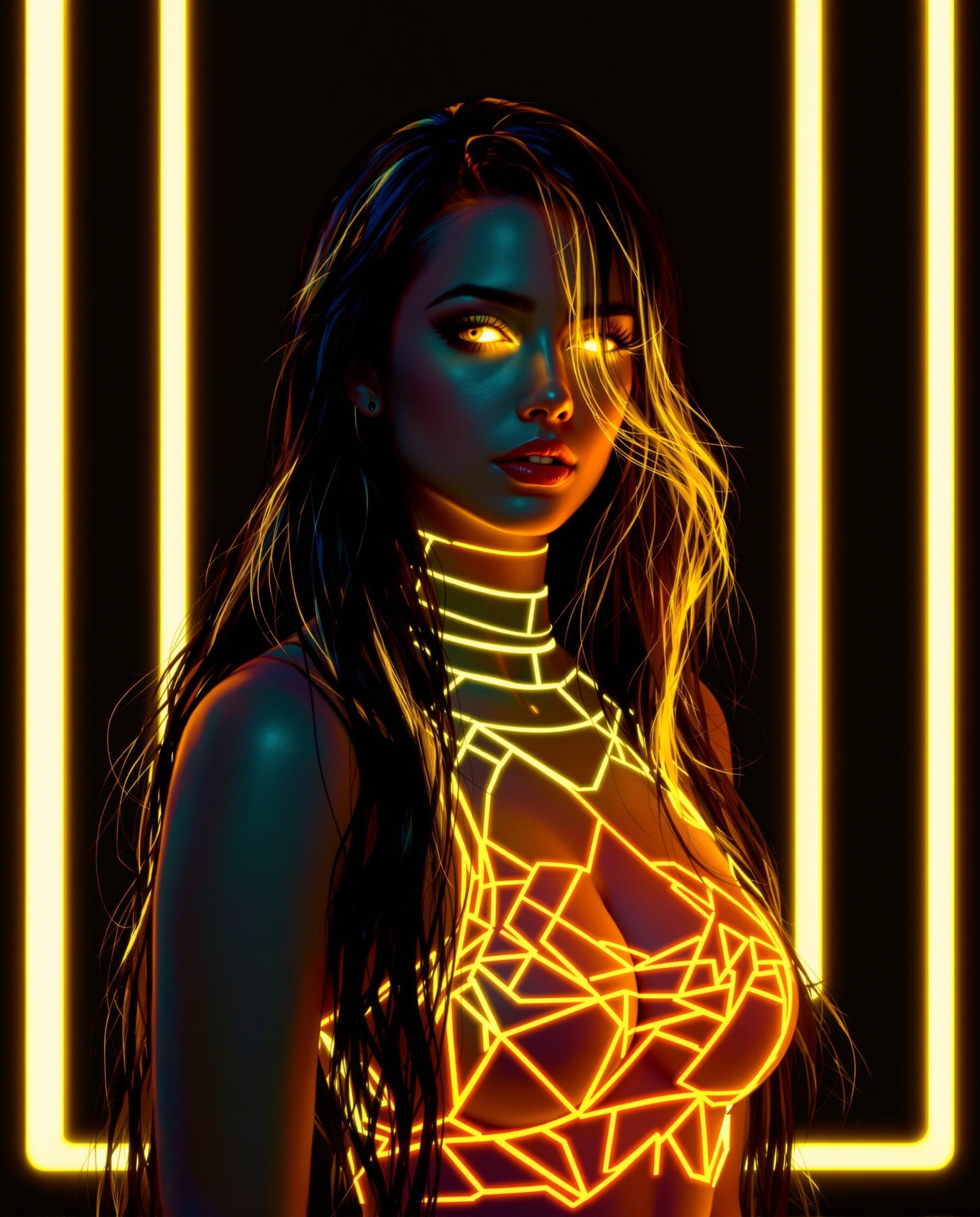 This is a realistic photo (photograph) of a female real person digital illustration that features a character with a striking neon aesthetic. The medium appears to be digital painting, as evidenced by the smooth blending of colors and the lack of texture that one might find in traditional mediums.The colors in the image are vibrant and bold, with a predominance of yellows and oranges that give off a warm, energetic glow. These colors are used to highlight the characters hair and clothing, which are both adorned with neon accents. The neon effect is achieved through a combination of gradients and outlines, creating a threedimensional effect that stands out against the dark background.The character is depicted with long, flowing hair that cascades down her back. The hair strands are detailed with neon highlights that follow the natural flow of the hair, giving it a sense of movement. The neon effect is also applied to the characters clothing, which appears to be a sleeveless top with a geometric pattern that matches the neon outlines of her hair.The background is dark, which serves to accentuate the brightness of the neon colors. There are no other objects or characters in the image, focusing the viewers attention solely on the character and her glowing appearance.