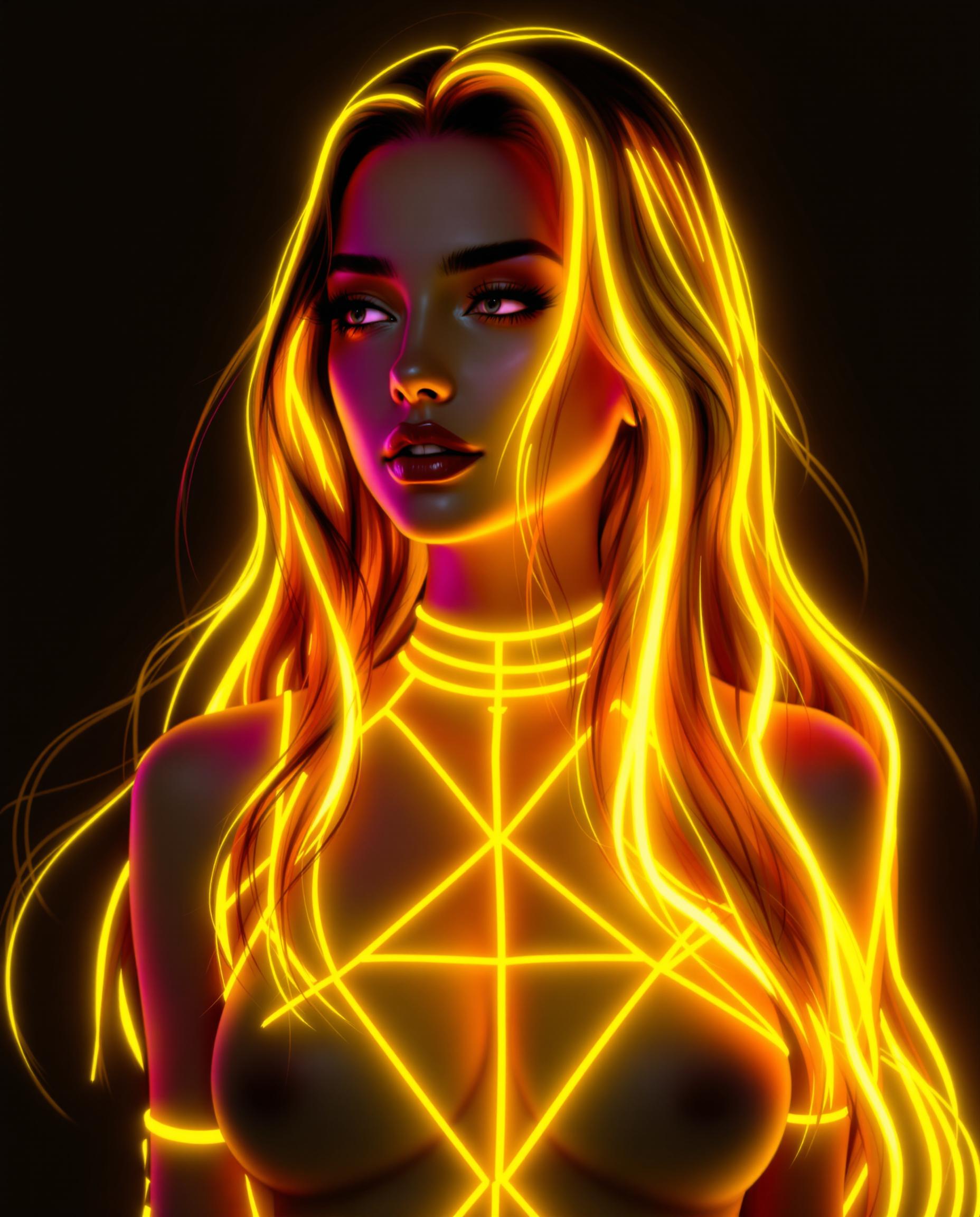 This is a realistic photo (photograph) of a female real person digital illustration that features a character with a striking neon aesthetic. The medium appears to be digital painting, as evidenced by the smooth blending of colors and the lack of texture that one might find in traditional mediums.The colors in the image are vibrant and bold, with a predominance of yellows and oranges that give off a warm, energetic glow. These colors are used to highlight the characters hair and clothing, which are both adorned with neon accents. The neon effect is achieved through a combination of gradients and outlines, creating a threedimensional effect that stands out against the dark background.The character is depicted with long, flowing hair that cascades down her back. The hair strands are detailed with neon highlights that follow the natural flow of the hair, giving it a sense of movement. The neon effect is also applied to the characters clothing, which appears to be a sleeveless top with a geometric pattern that matches the neon outlines of her hair.The background is dark, which serves to accentuate the brightness of the neon colors. There are no other objects or characters in the image, focusing the viewers attention solely on the character and her glowing appearance.